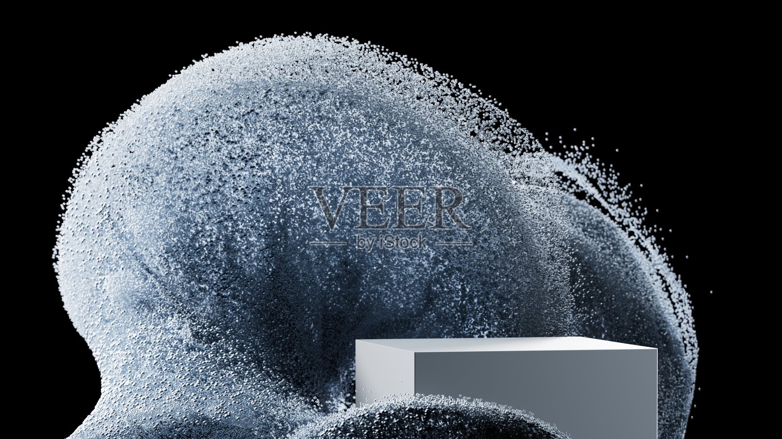 豪华的3d平台与粒子飞溅。蓝色的颜色。时髦的抽象模拟。化妆品或产品展示的背景知识。照片摄影图片