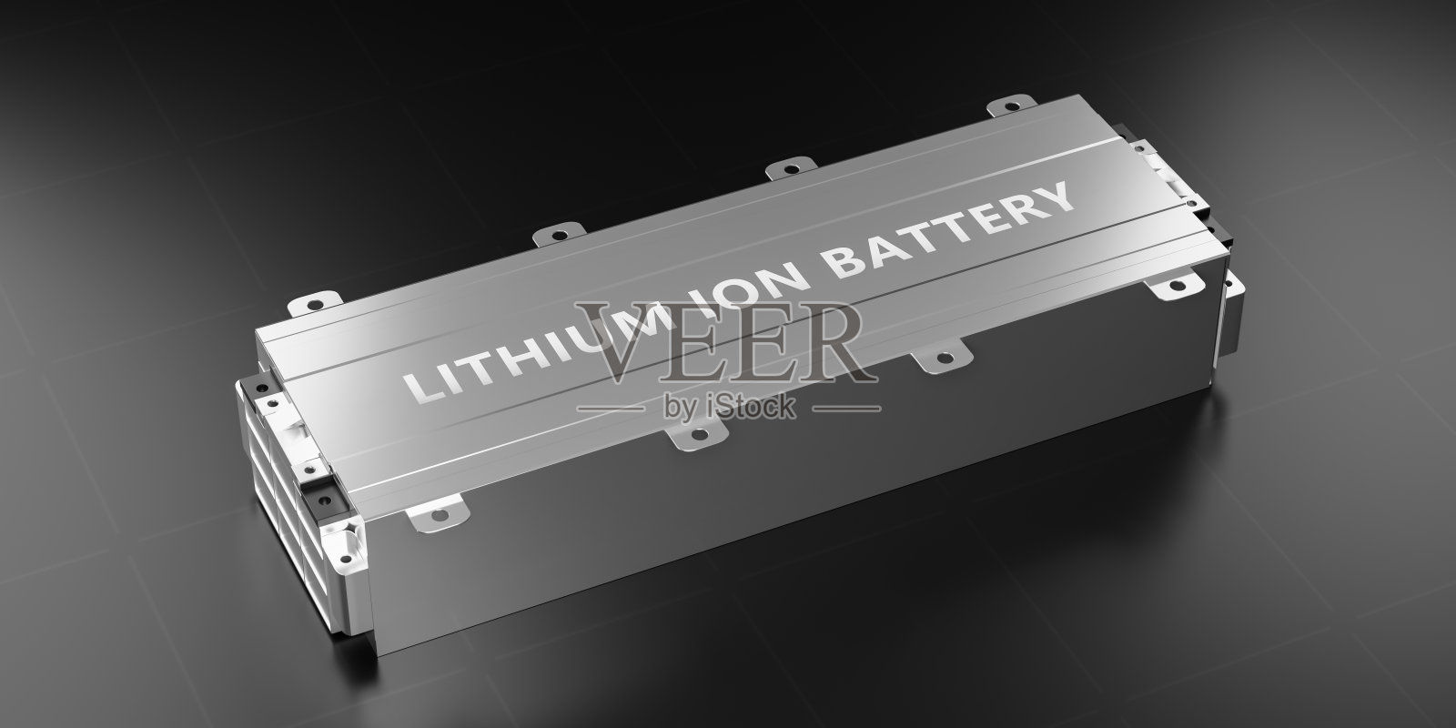 电动汽车锂离子充电电池模块内金属外壳包装汽车，新型固体锂离子电池包制造交通储能行业3D渲染照片摄影图片