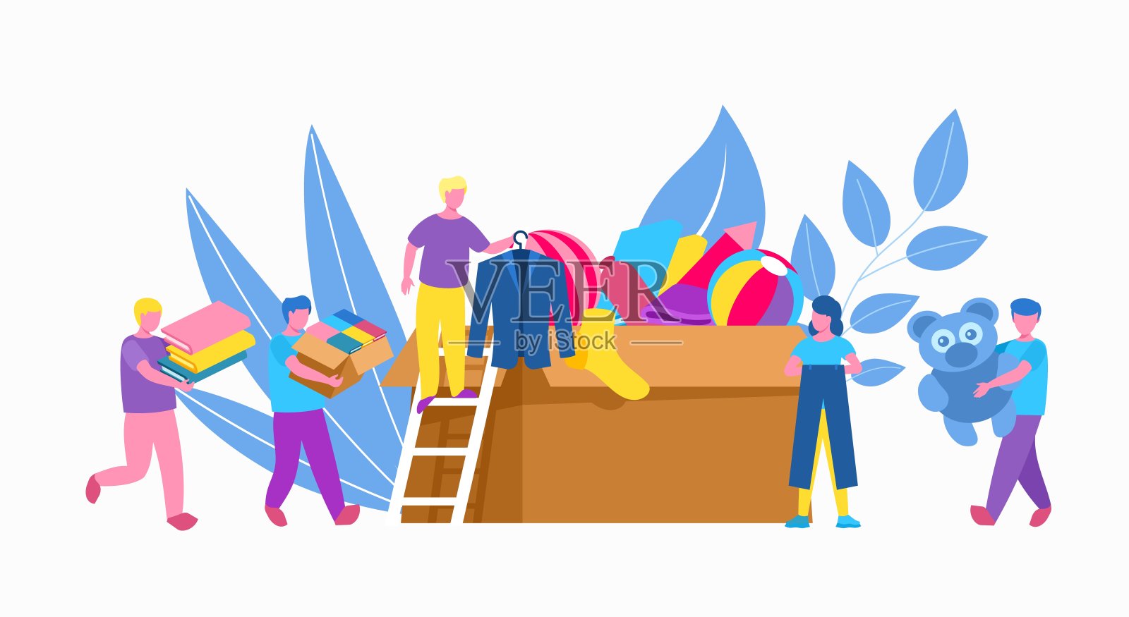 人们志愿者用箱子捐赠衣服，慈善，社会帮助在社区矢量插图。做志愿者,帮助。插画图片素材