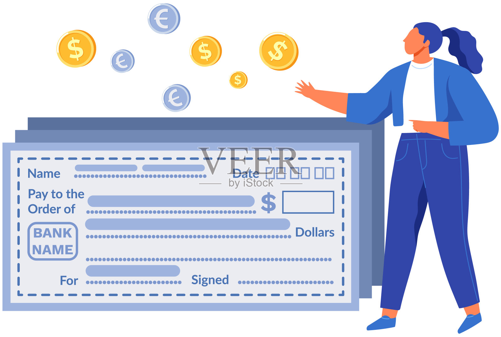 填写银行支票转账。一名妇女在处理货币交易的安全文件插画图片素材