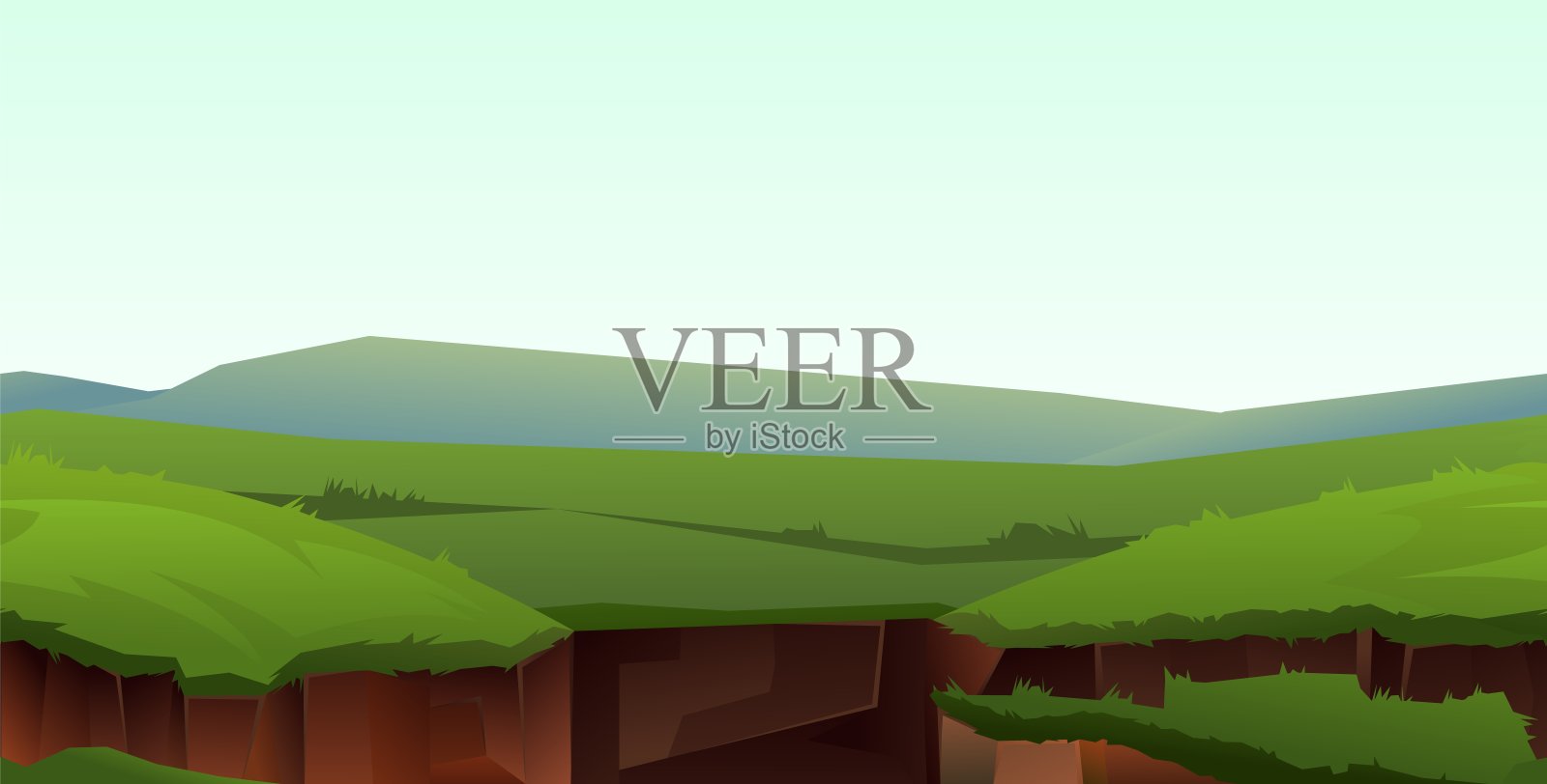 闯入深渊。空雾地平线。地面有裂缝。土壤侵入草甸。卡通风格的插图。向量。插画图片素材