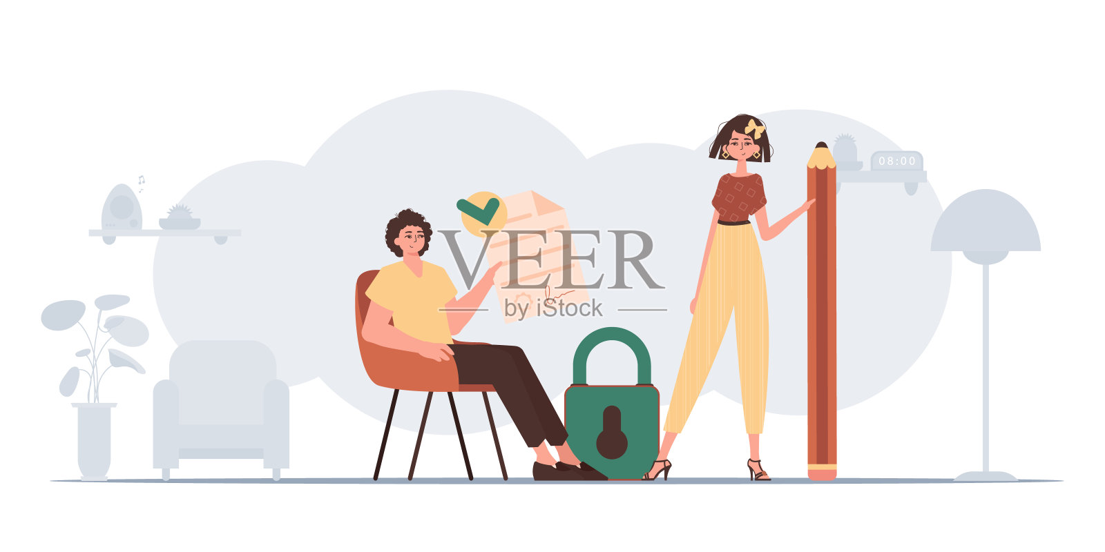 一个男人和一个女人签了一份合同。签名和保护数据的概念。聪明的合同。插画图片素材