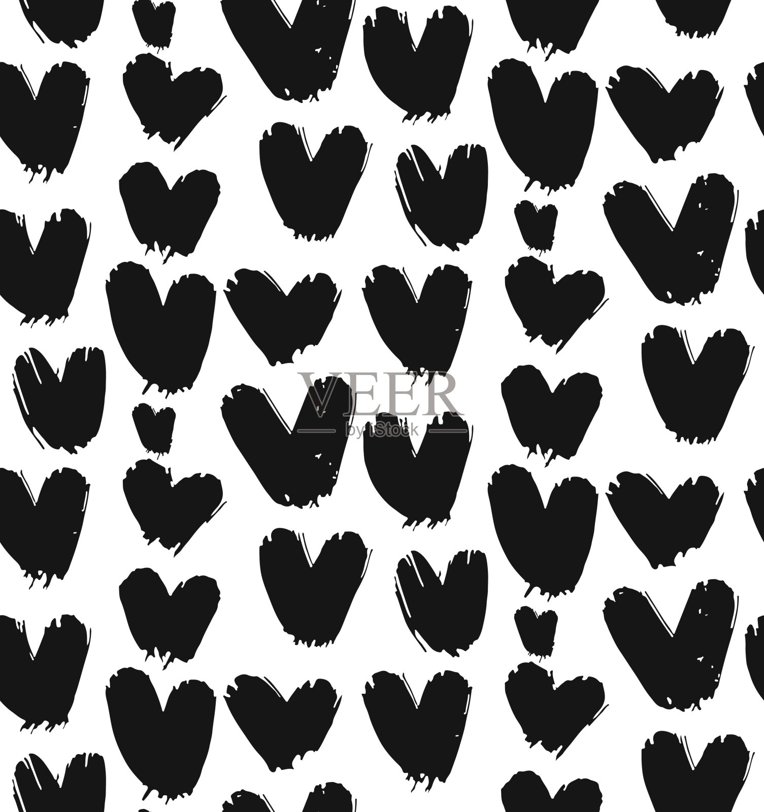 手绘矢量抽象无缝模式与黑白心脏隔离。设计为情人节，包装，时尚，婚礼，生日，新娘，装饰，日志，业务插画图片素材