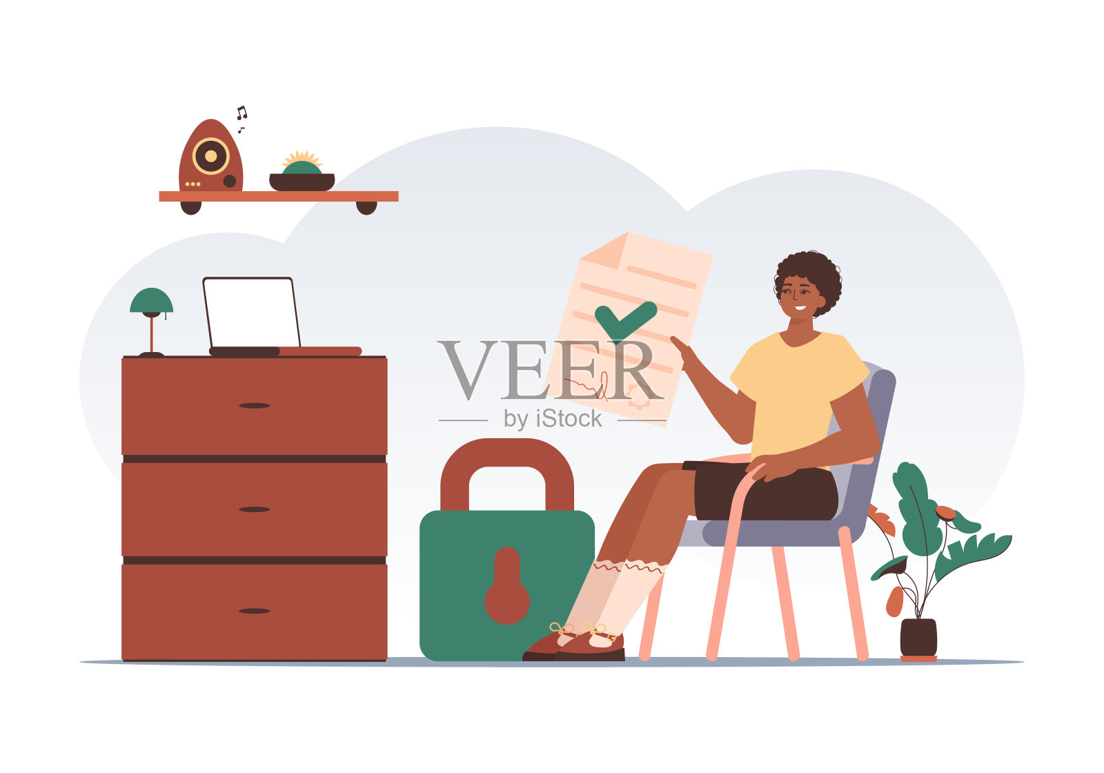 智能合约概念。数据保护。一个男人坐在椅子上，手里拿着一份文件。现代风格的性格。插画图片素材