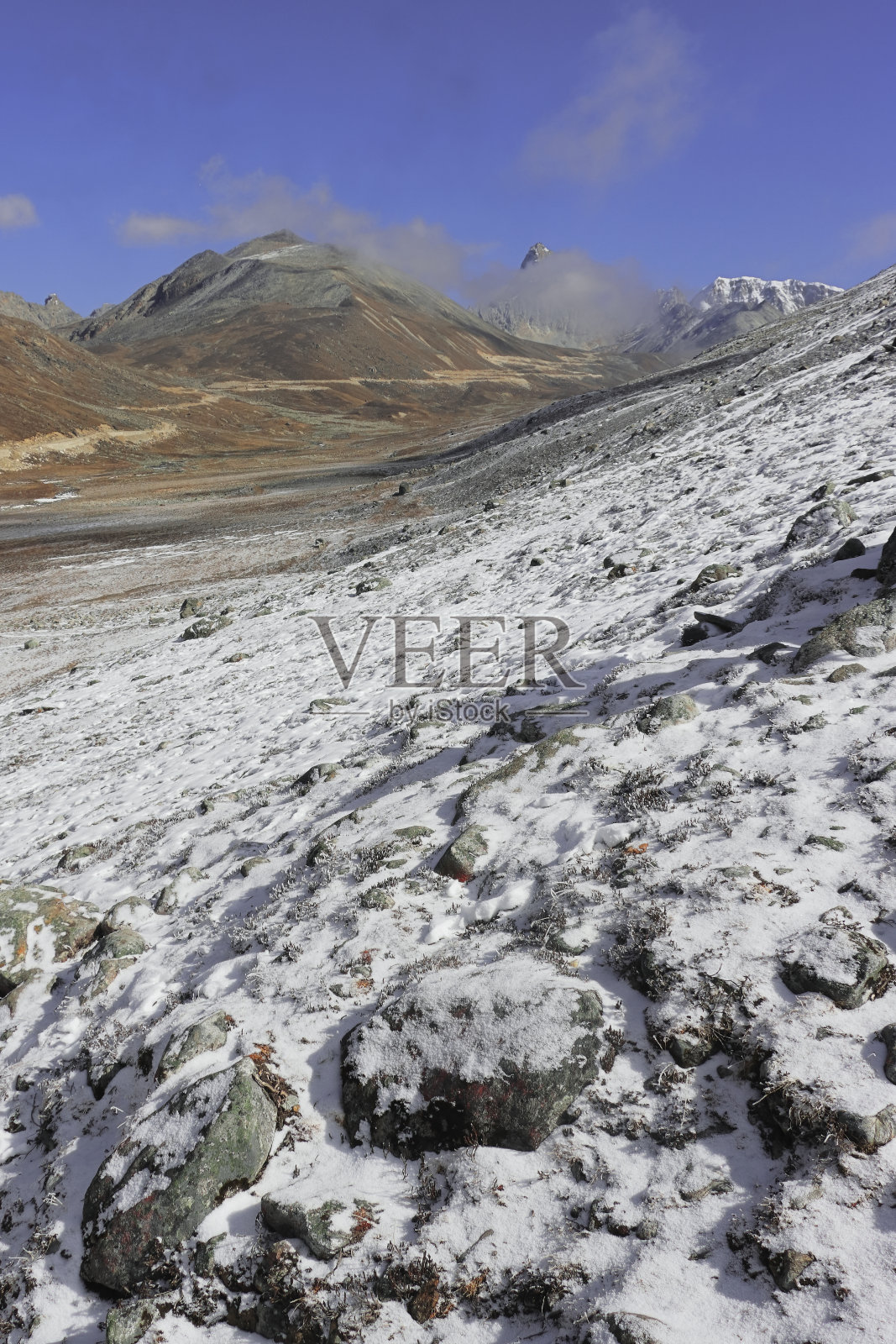 位于印度锡金北部，被雪山包围的喜马拉雅高原尤姆斯东山谷或零点照片摄影图片