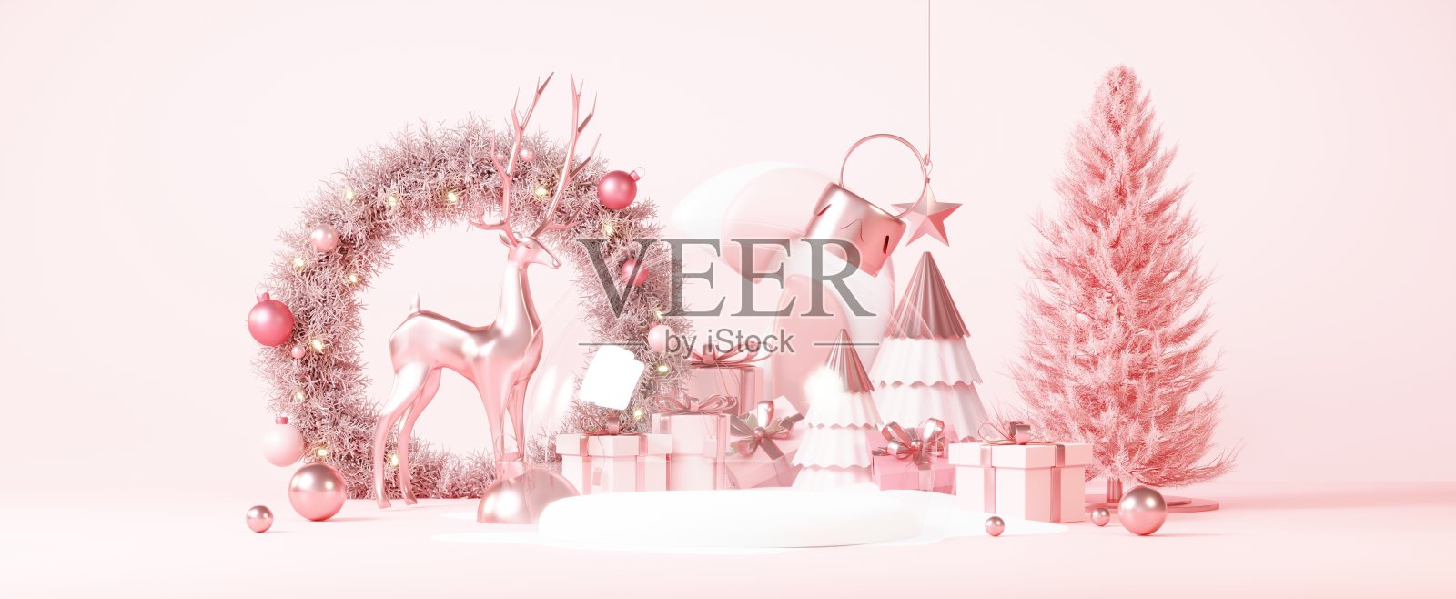 圣诞背景与讲台舞台平台在最小的新年活动主题。欢乐圣诞场景的产品展示模拟横幅。圣诞节冬季场景中的空台座装饰。3 d渲染。照片摄影图片