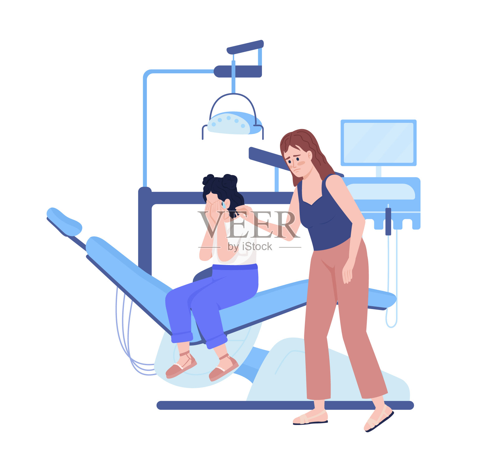 母亲与哭泣的女儿在牙医办公室半平面彩色矢量字符插画图片素材