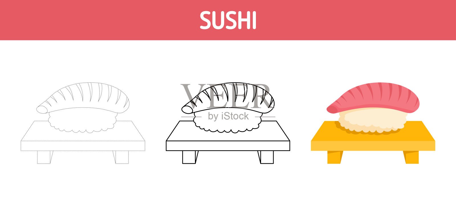 儿童寿司描摹和着色工作表插画图片素材