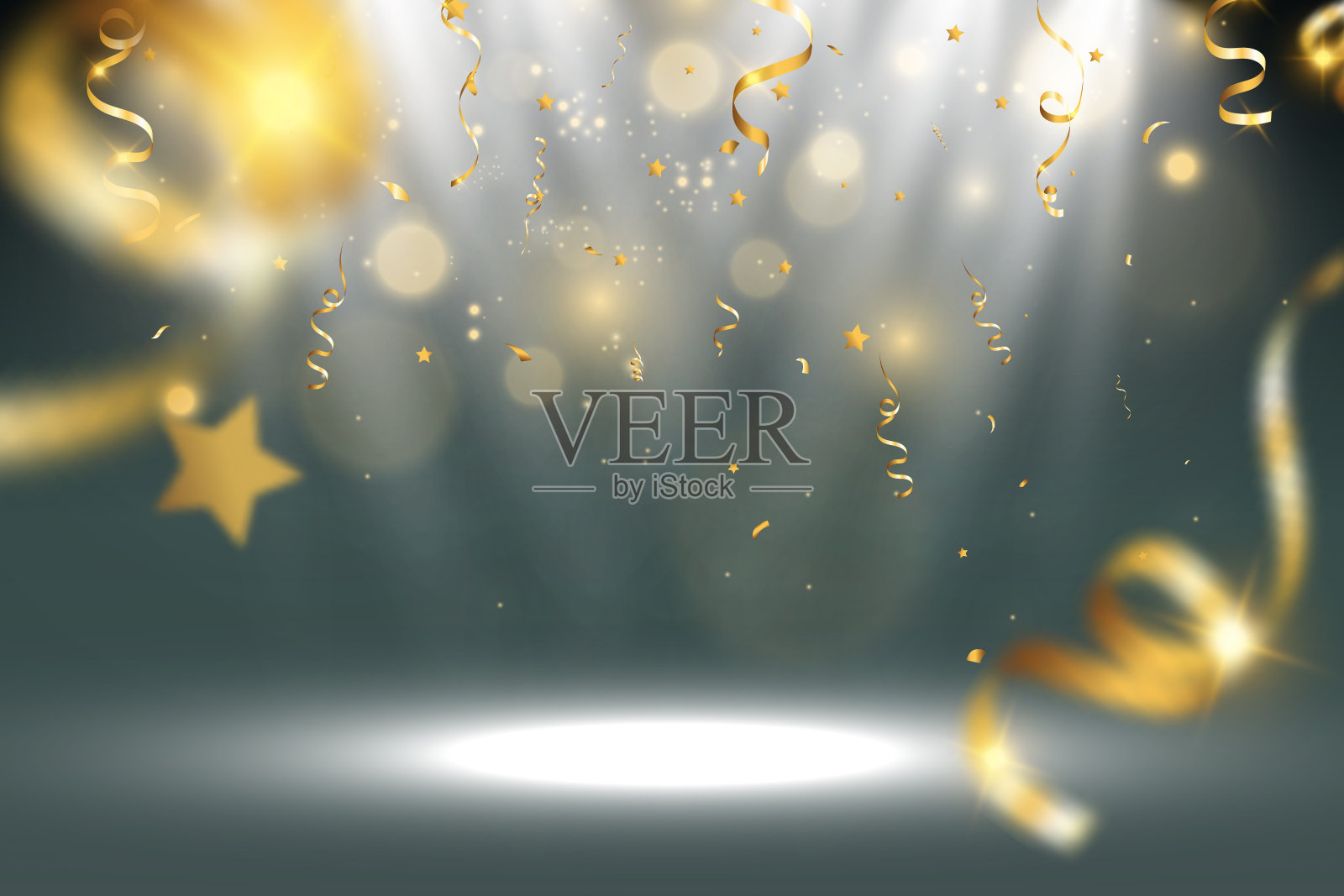 金色的五彩纸屑落在美丽的背景上。舞台上飘落的彩带。插画图片素材