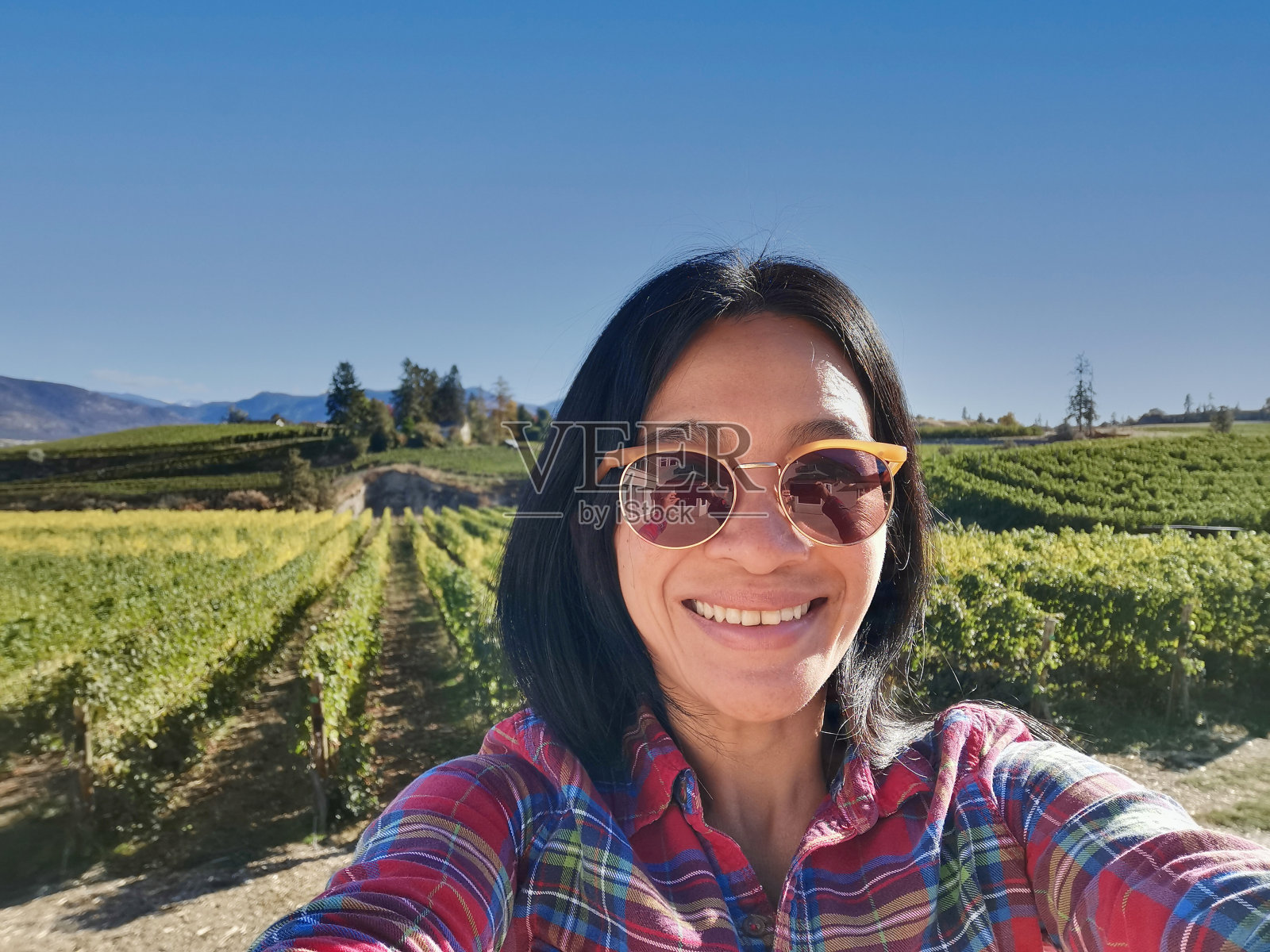 年轻亚裔女性在加拿大不列颠哥伦比亚省欧垦娜根山谷的葡萄园自拍，生态农业旅游概念照片摄影图片