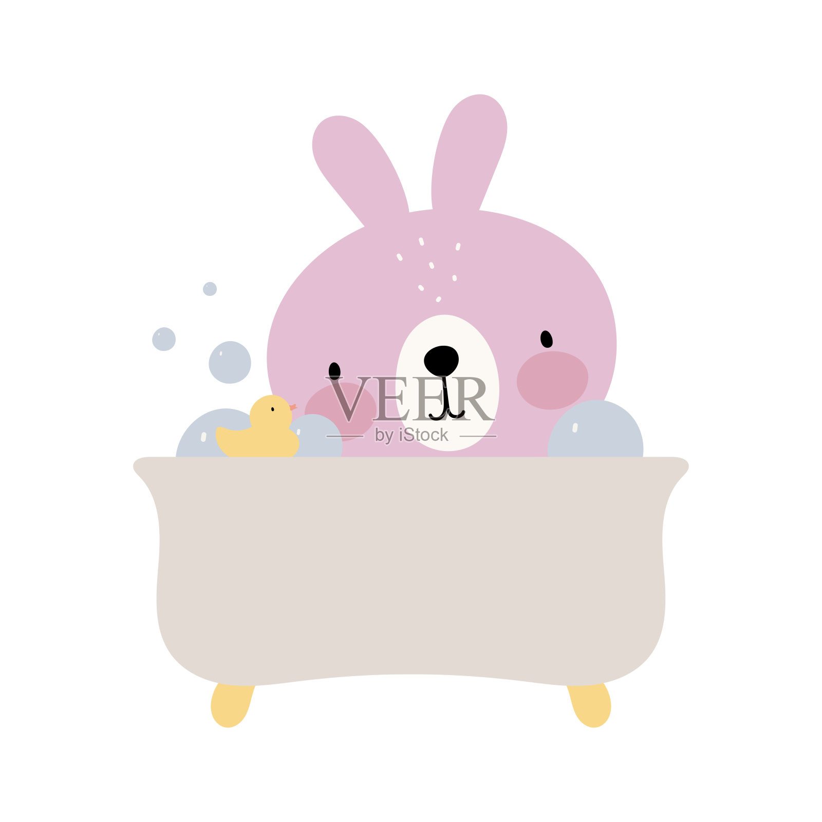 可爱的兔子在浴室里。矢量插图。儿童用品，卡片，海报，横幅，儿童书籍，印刷在包装上，印刷在衣服，织物，壁纸，纺织品。插画图片素材