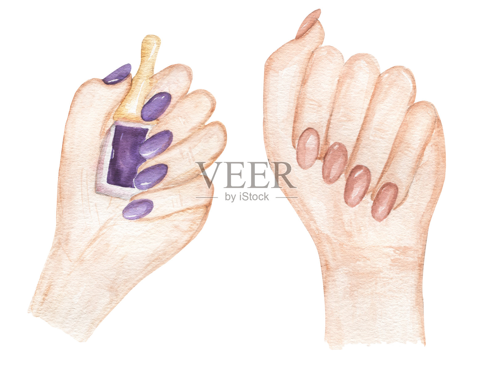 指甲美容剪纸套装，水彩手绘手与美甲插图，指甲油套装，化妆工具剪贴艺术，足疗沙龙，自我护理，水疗标志插画图片素材