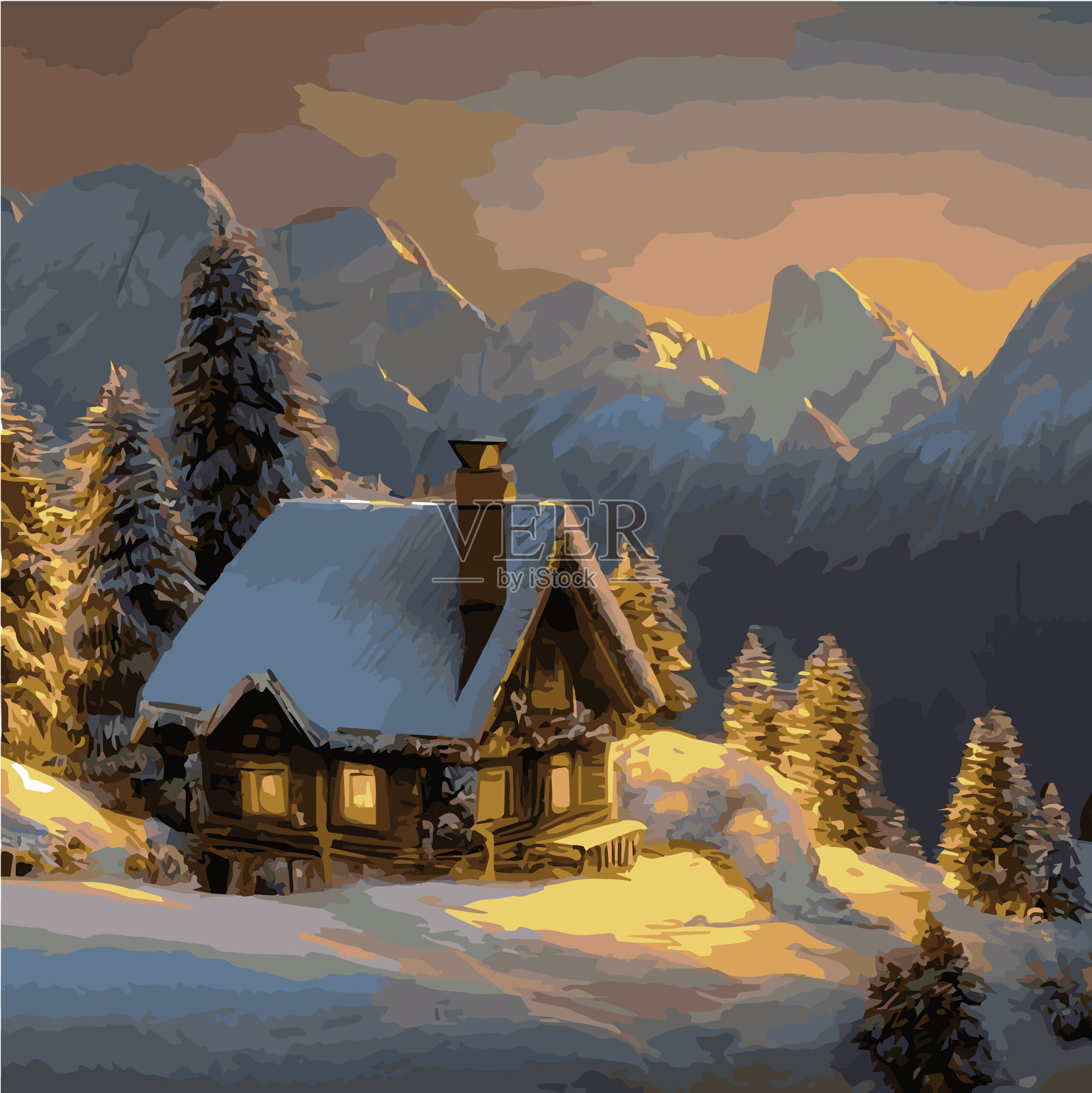 冬季山地景观与木屋插画图片素材