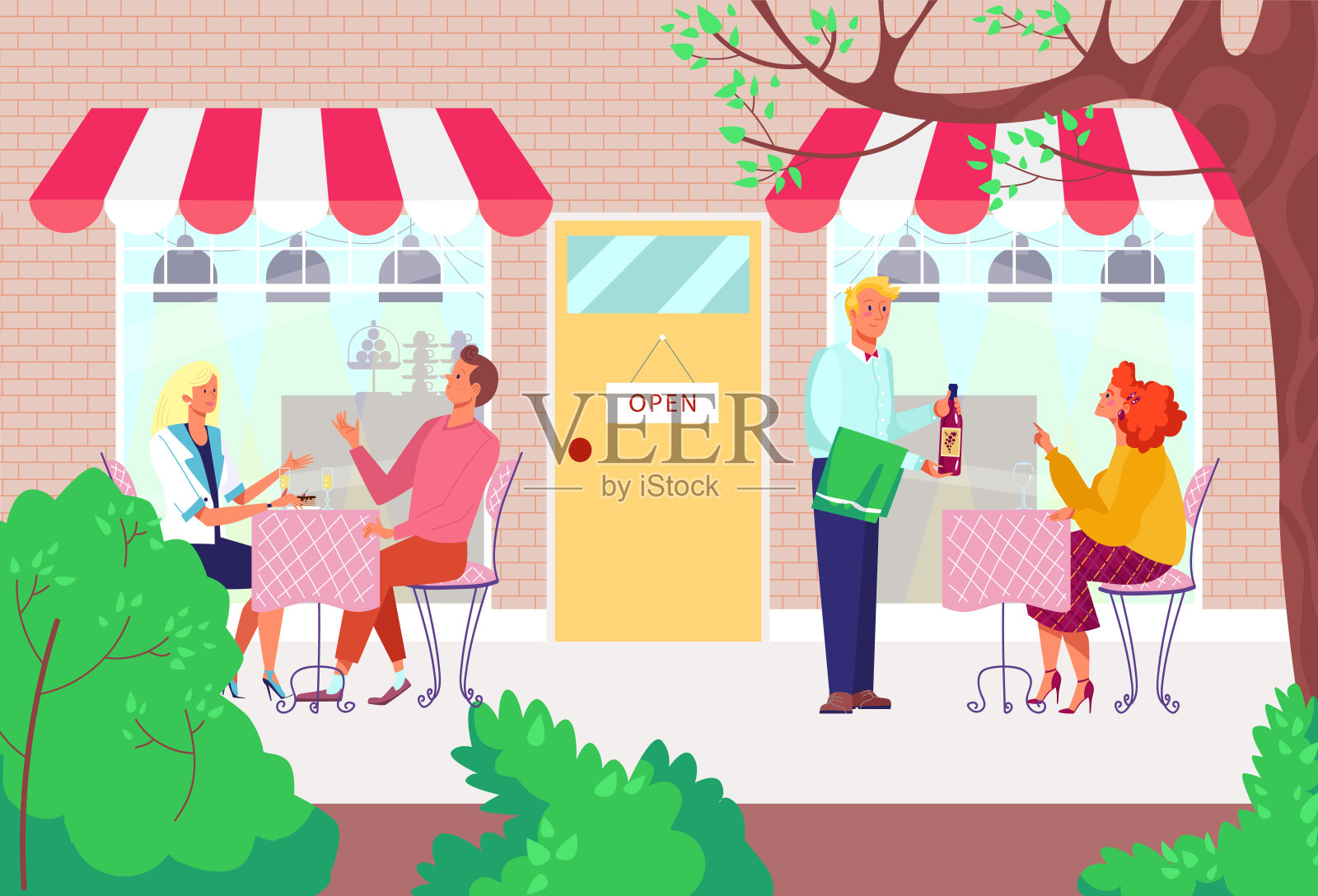 咖啡馆外有桌子，矢量插画，现代餐厅里的人物，喝着酒，吃着食物，服务员在外面和女客户聊天。插画图片素材