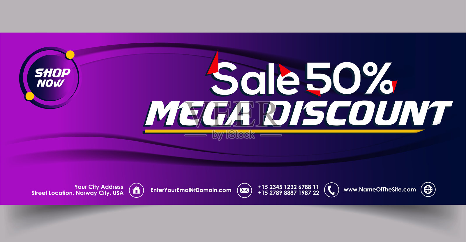 五折折扣。销售横幅模板在紫色。矢量插图的封面背景。Facebook的封面。打50%。设计模板素材