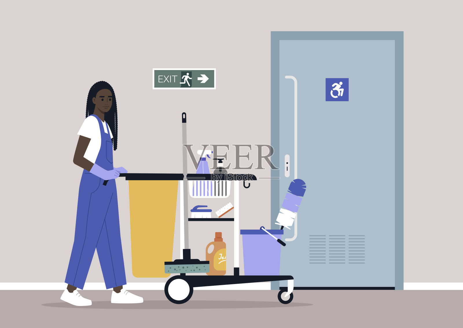 一个穿着统一制服的年轻角色推着一辆清洁工清洁服务车穿过大厅插画图片素材