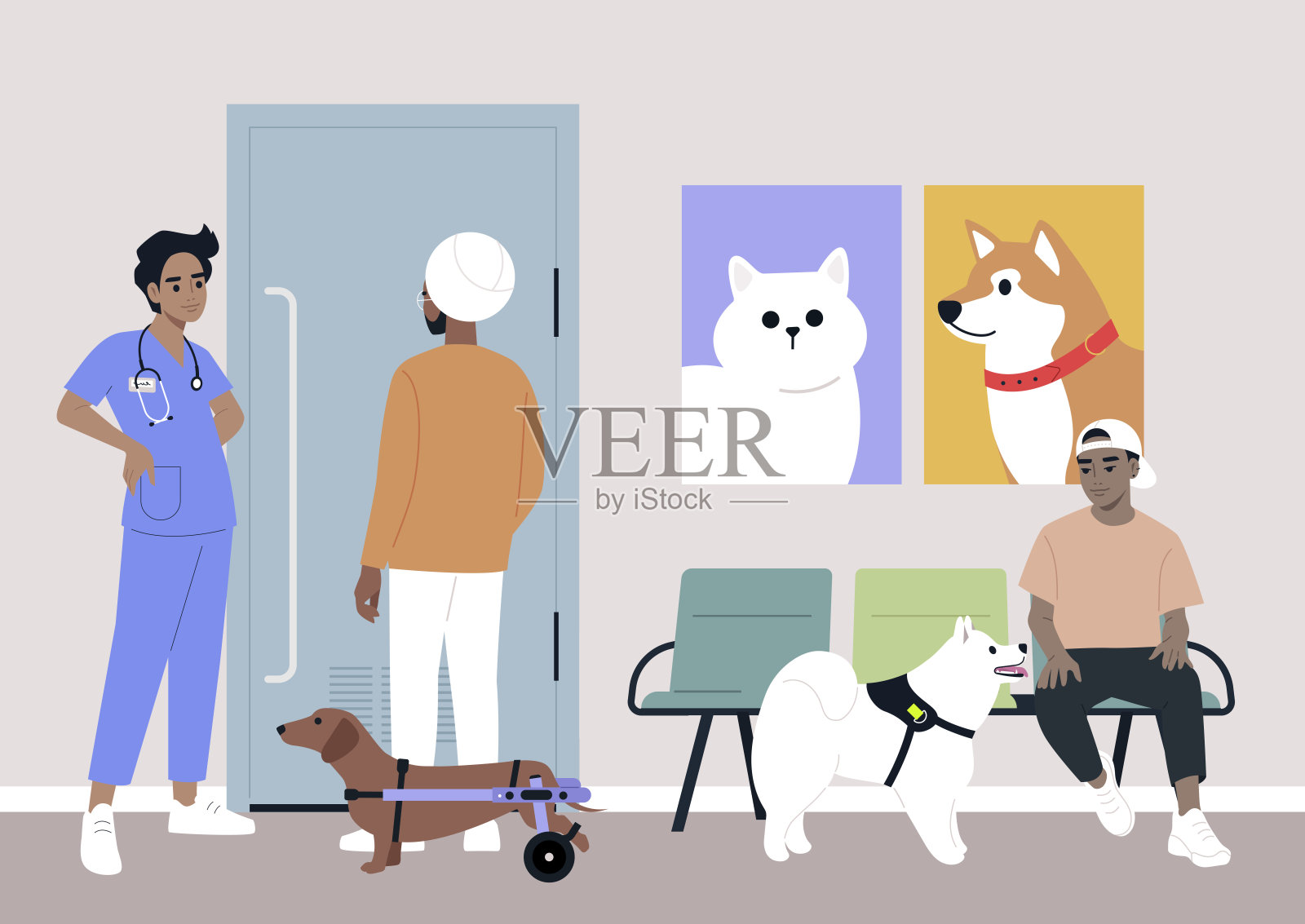 一位年轻的兽医在大厅里向参观者介绍家畜保健插画图片素材