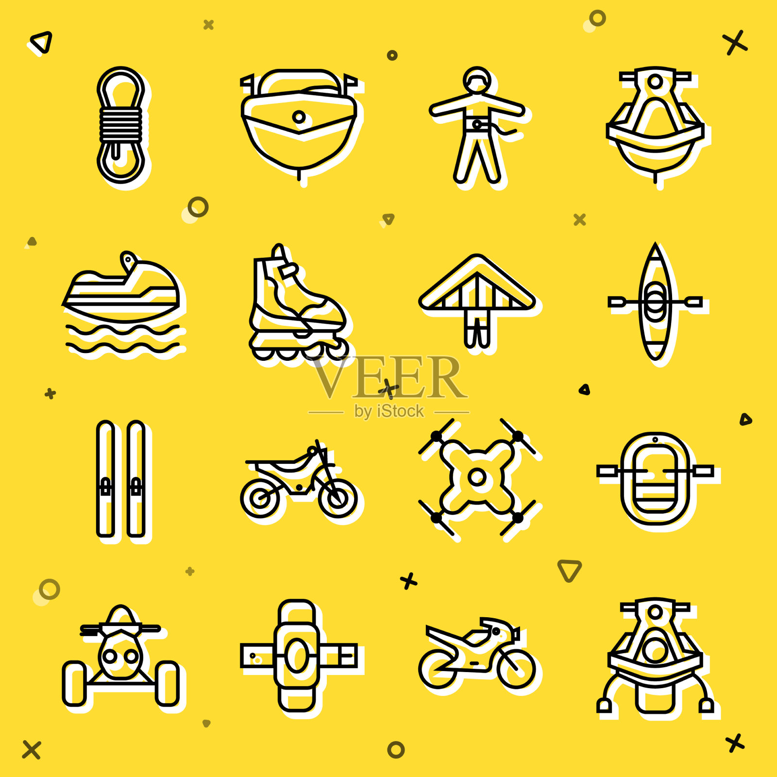 集雪上摩托、木筏、皮艇或独木舟于一体图标素材