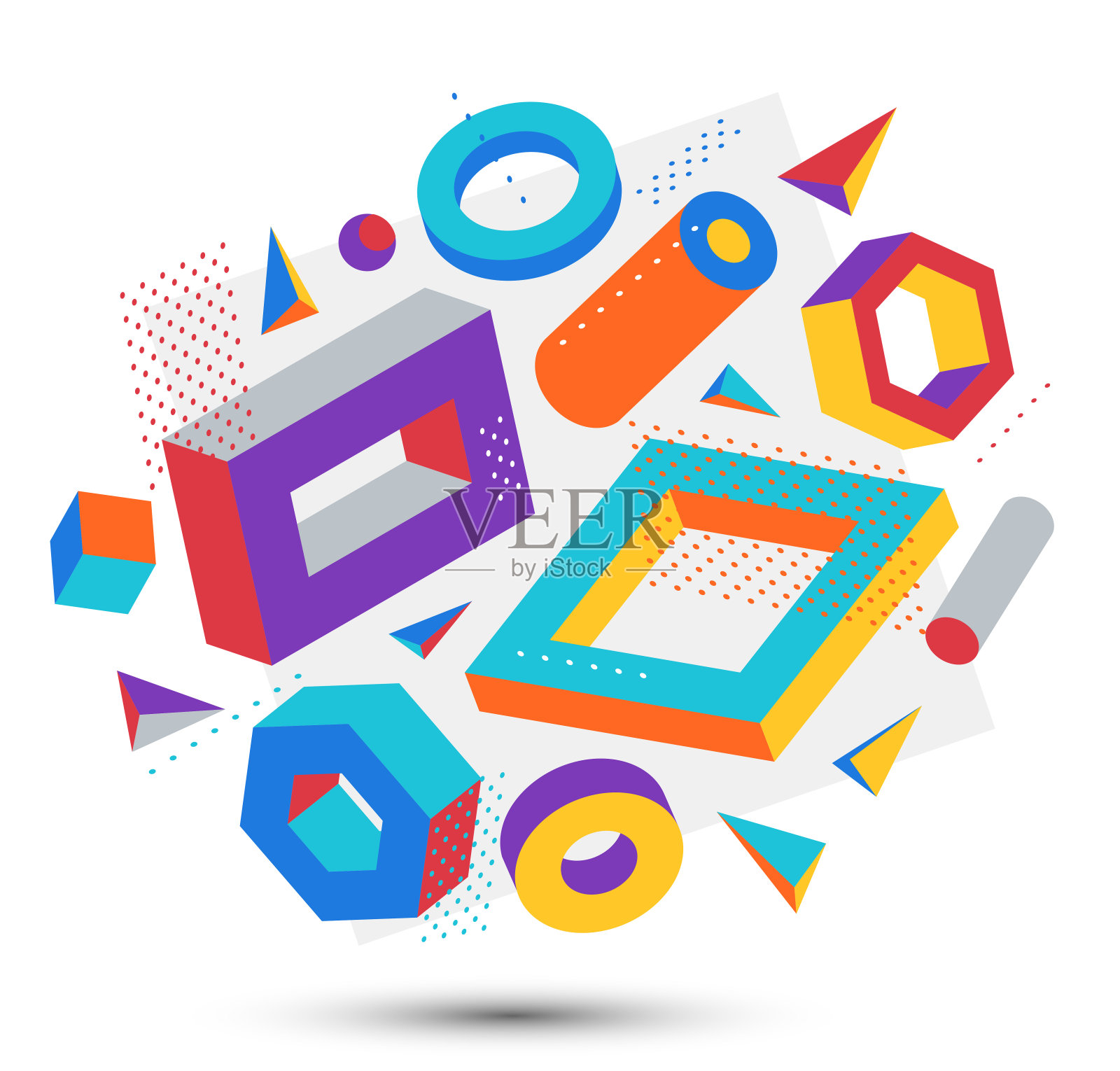 彩色3D形状矢量组成孤立的白色背景，明亮的正面维度设计元素，盒子和圆柱体等形状简单时尚的插图。插画图片素材