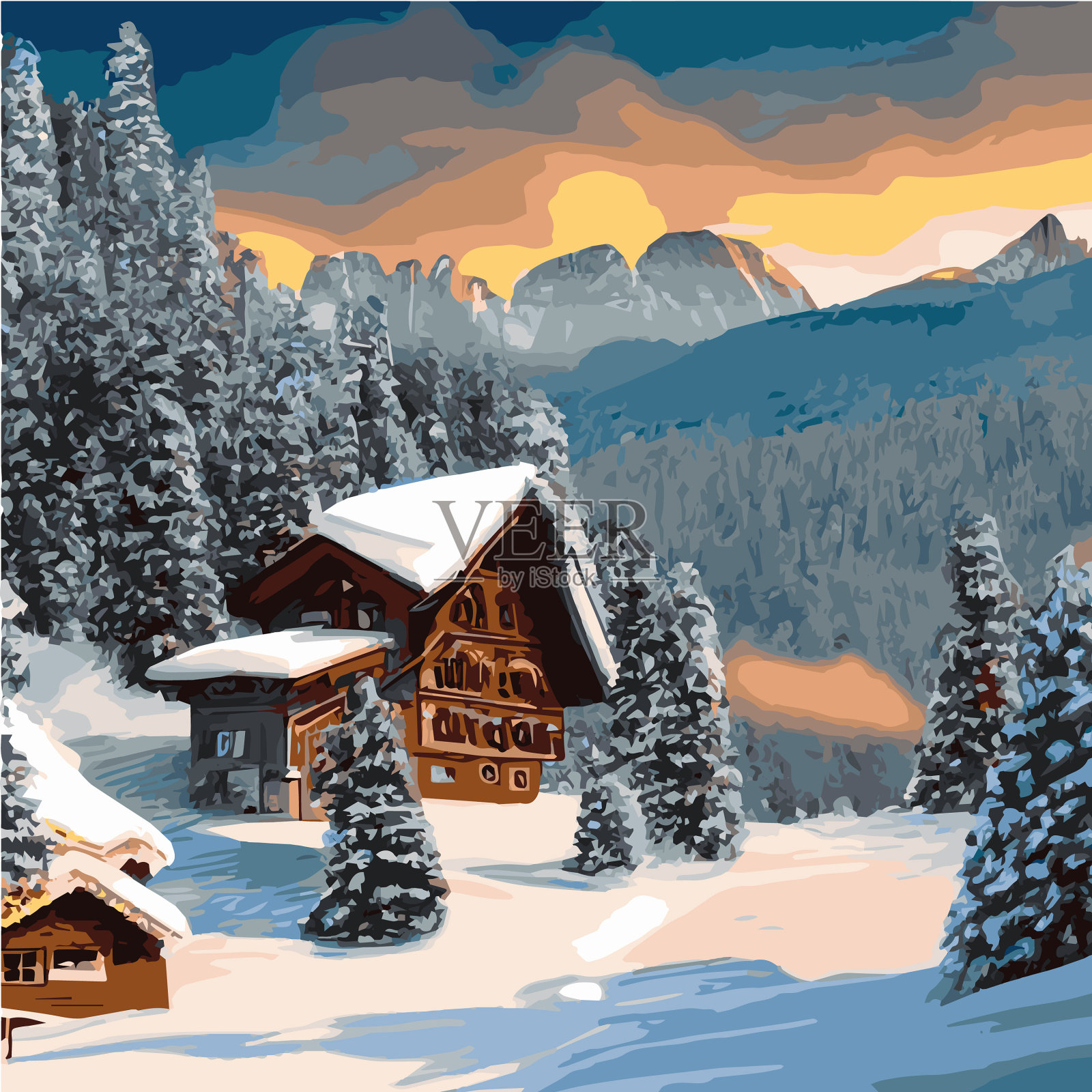 冬季山地景观与木屋插画图片素材