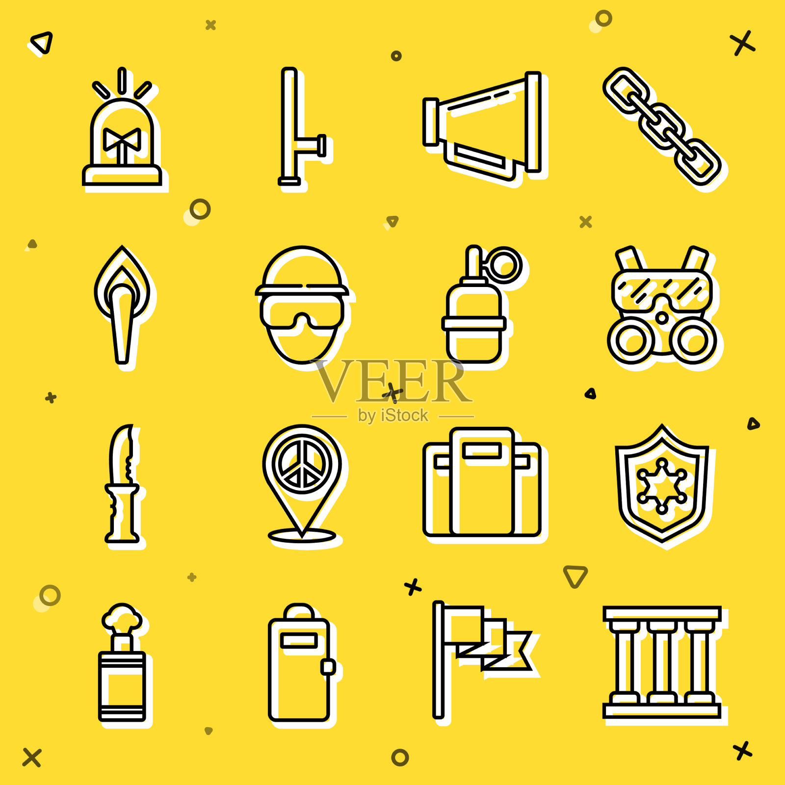 设置线监狱窗户警察徽章防毒面具图标素材