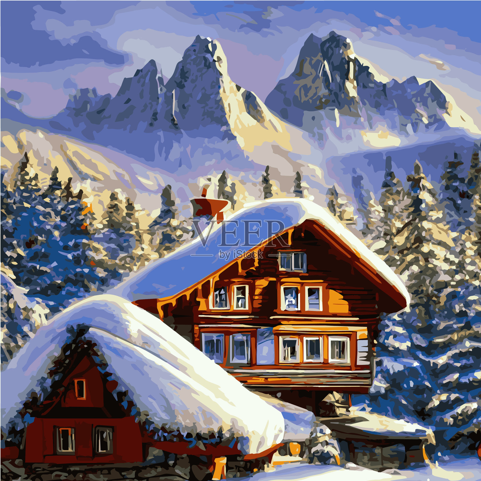 冬季山地景观与木屋插画图片素材