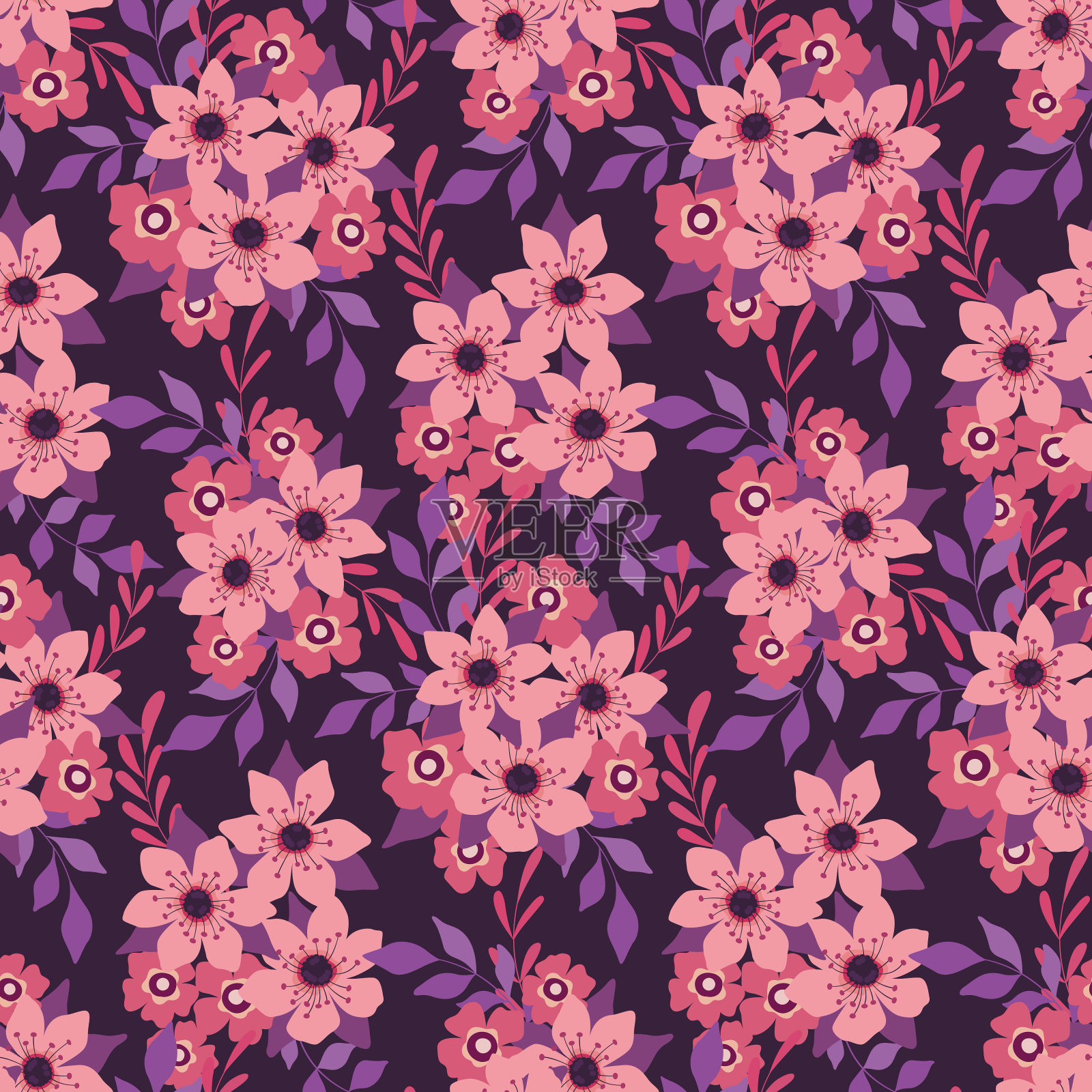 无缝花卉图案，可爱的花卉印花与小装饰艺术花，叶子在深紫色的背景。向量。插画图片素材