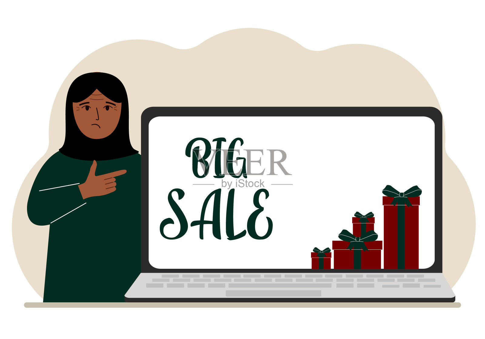 一个女人坐在一台大笔记本电脑旁，他的屏幕上显示着大减价的文字和许多礼盒。插画图片素材