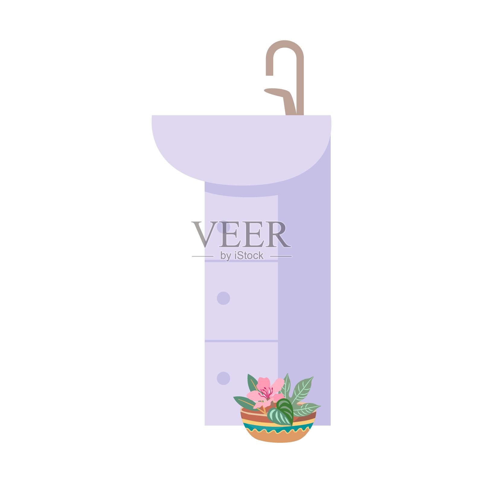 脸盆内阁。浴室配件上的白色背景卡通插图。卫生，浴室隔离在白色背景上设计元素图片