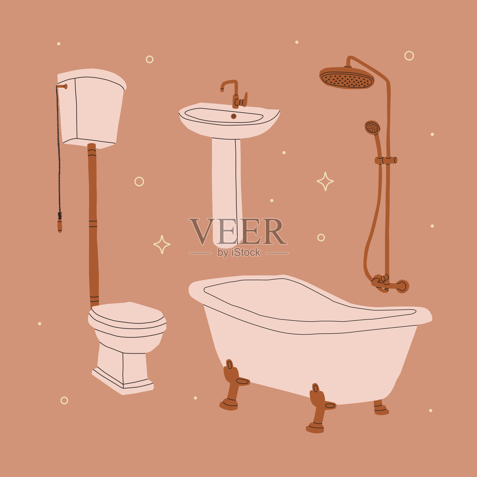 浴室家具。水槽，浴缸，马桶，淋浴龙头。矢量孤立的插图在米色背景。插画图片素材