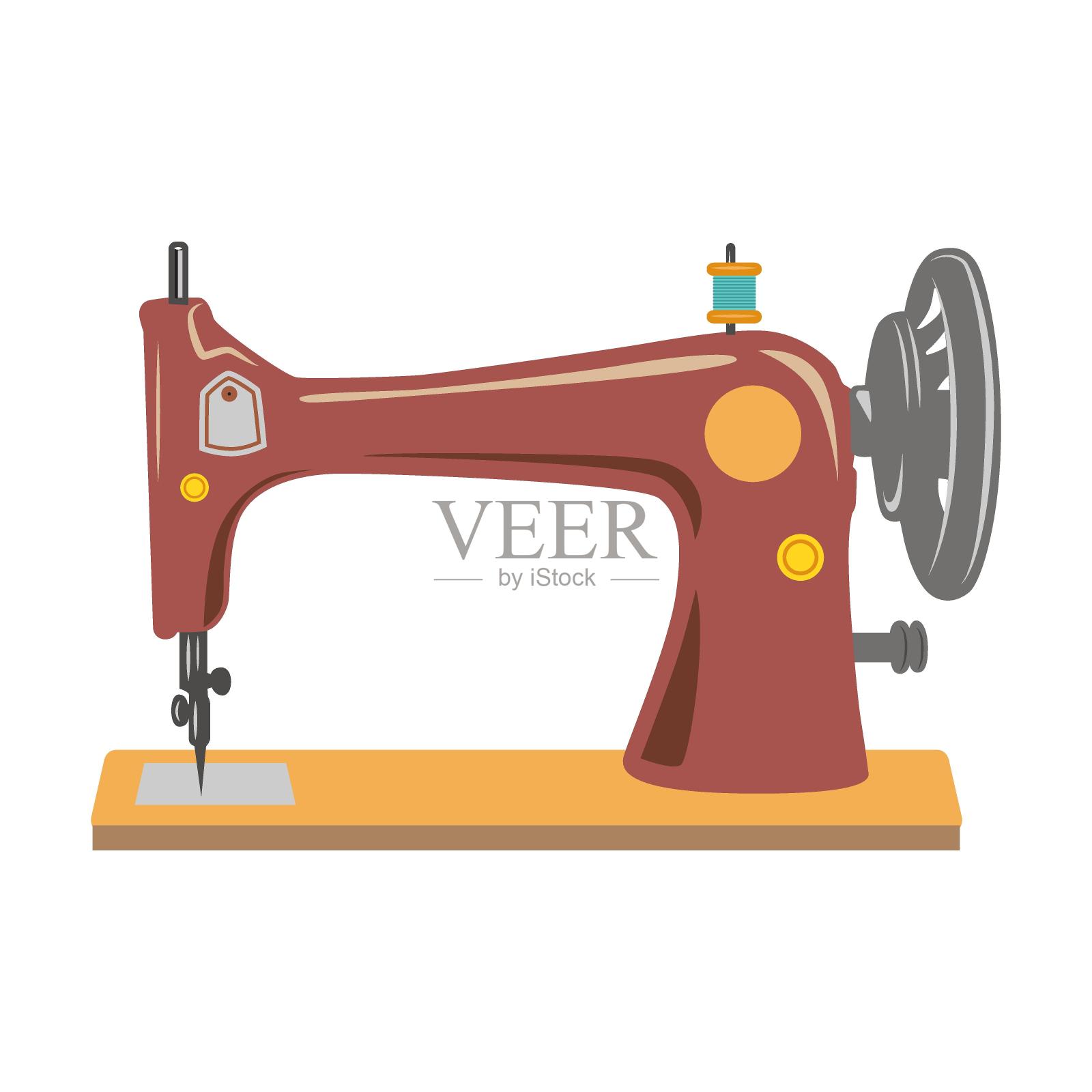老式缝纫机。缝纫、编织、针线活。矢量说明裁缝设备和供应隔离在白色插画图片素材