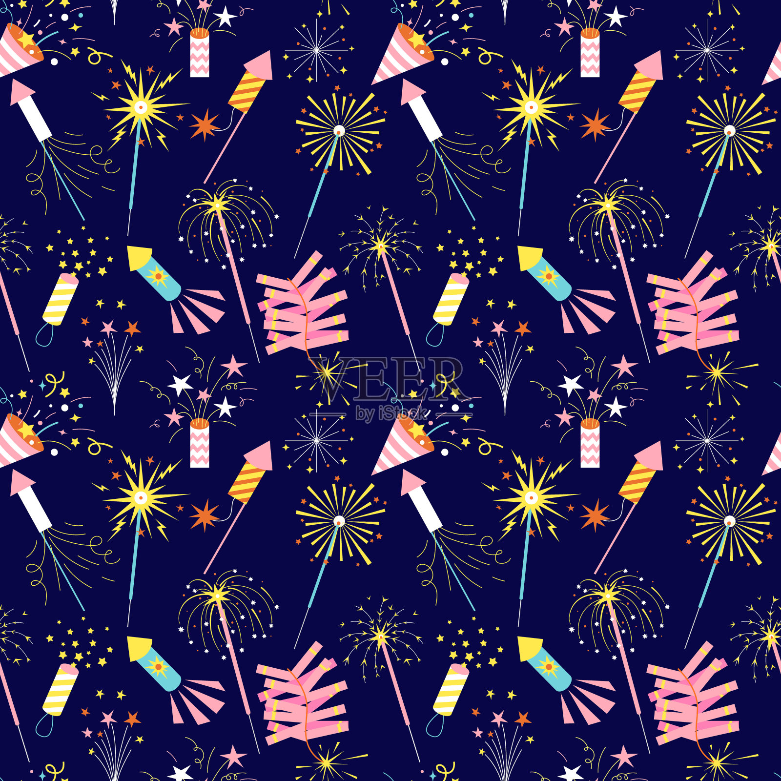 无缝的图案与明亮的抽象烟花，鞭炮和烟花。插画图片素材