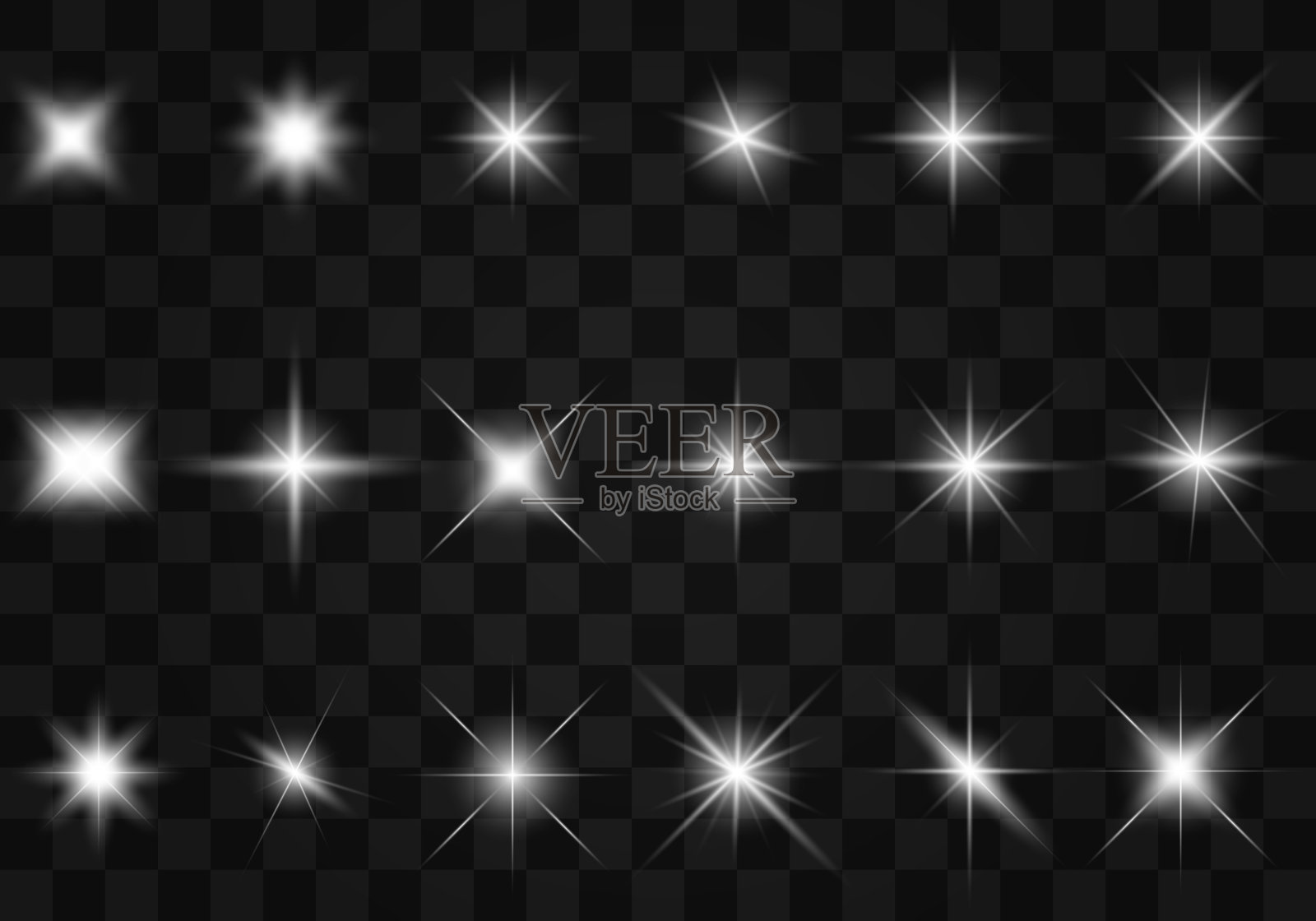 白色发光的光闪烁透明。设置灯光。用亮片射线装饰凉爽效果的矢量插图。明亮的恒星。设计元素图片
