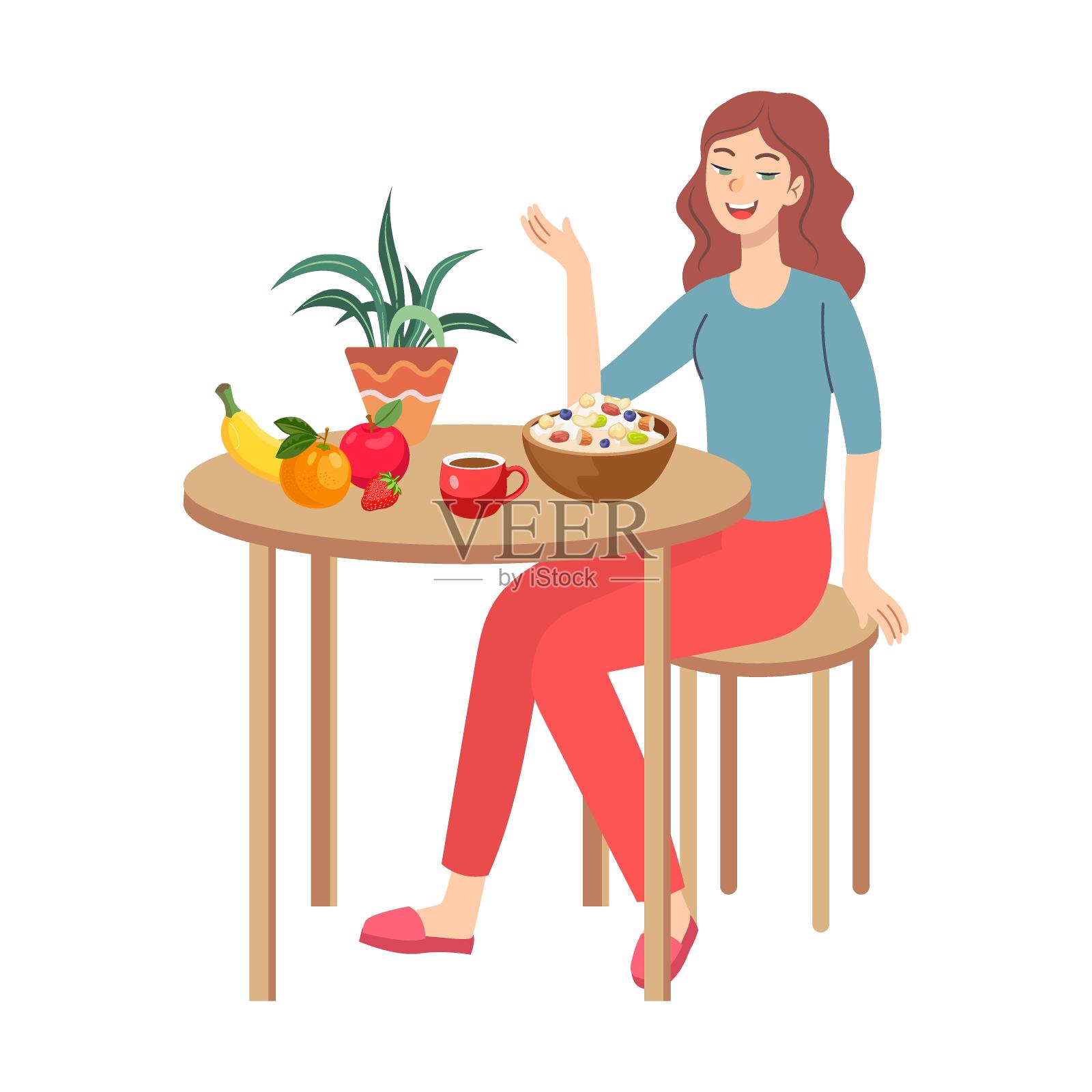 女性角色在餐桌上吃早餐矢量插图。女人的日常生活，女孩在白色背景中醒来插画图片素材
