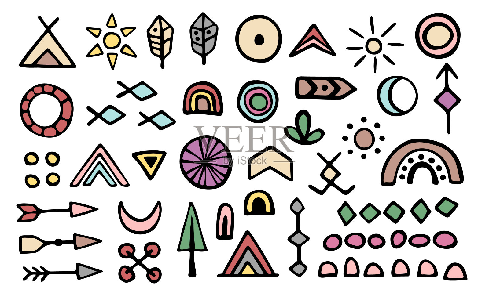 矢量集合的彩色涂鸦。手绘元素孤立在白色背景上。插画图片素材