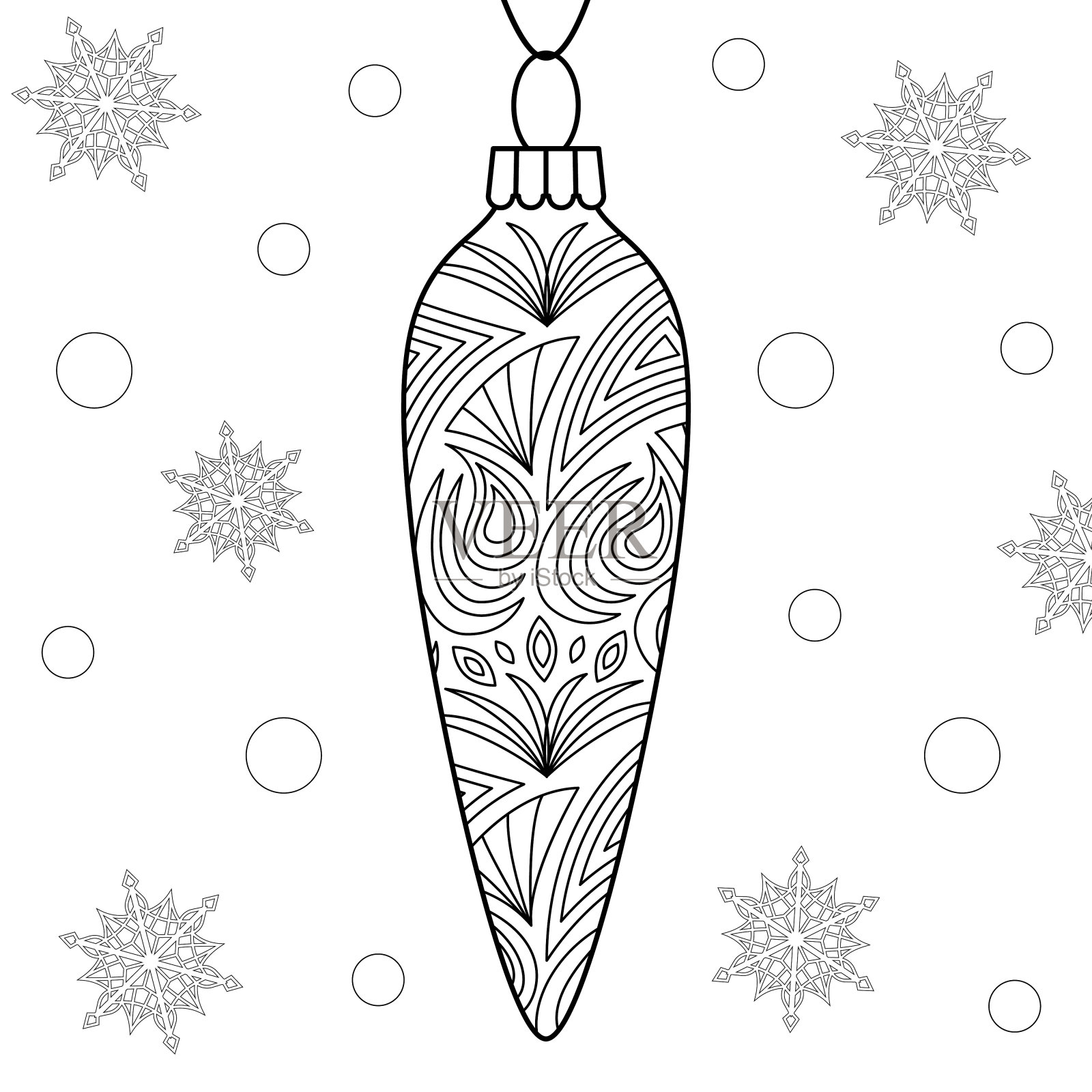 线性矢量圣诞玩具与华丽的图案。孤立的玻璃装饰寒假着色书插画图片素材