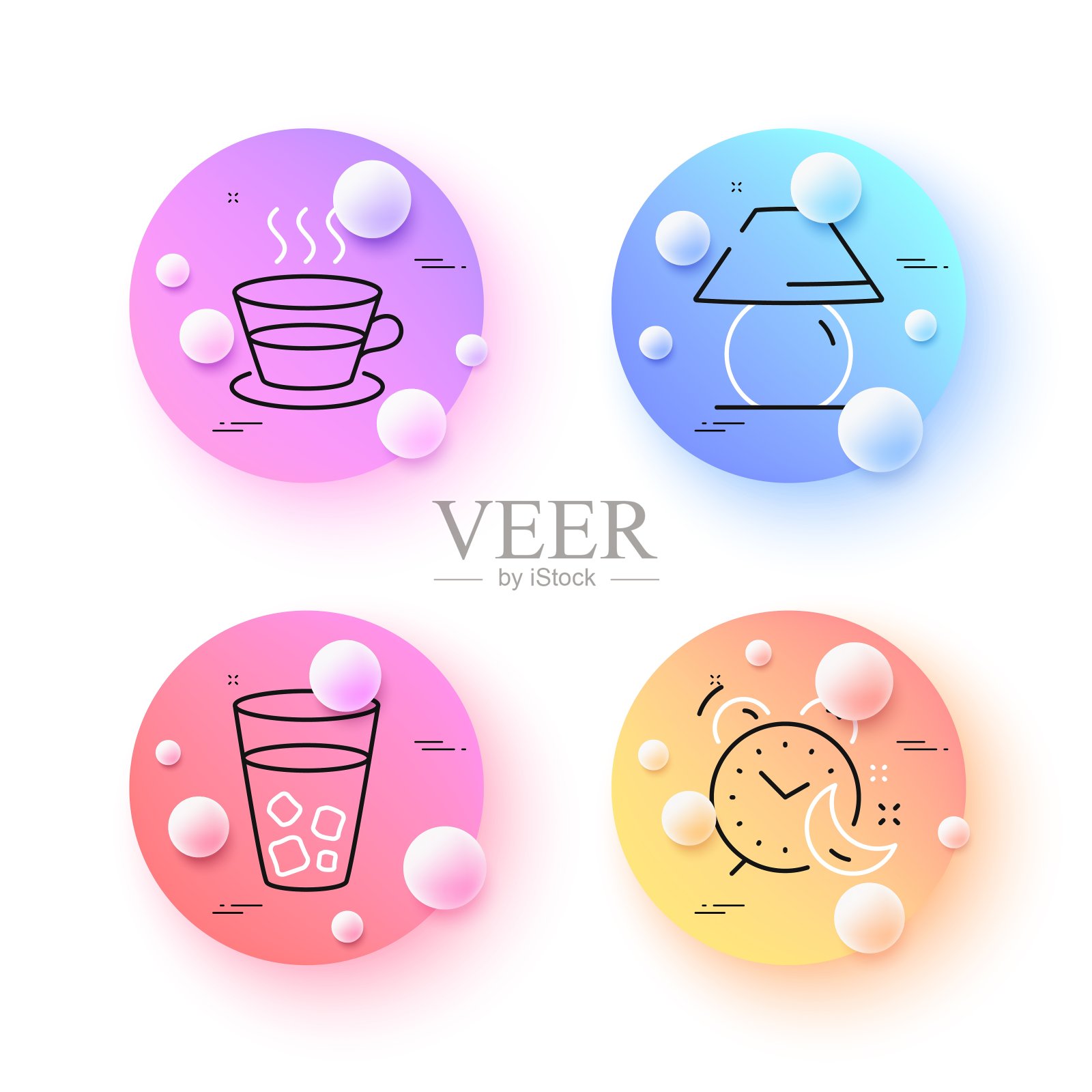 咖啡杯，闹钟和台灯最小线图标。对于web应用，打印。向量图标素材