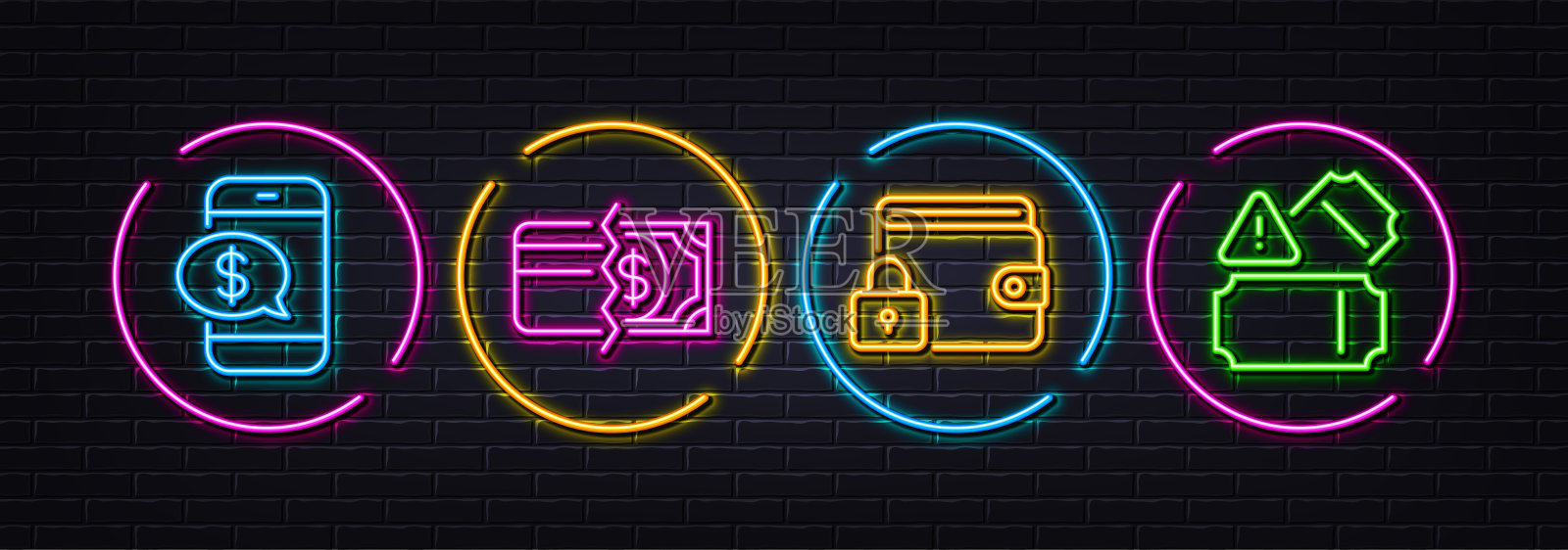 电话支付，支付方式和锁定最小行图标。对于web应用，打印。霓虹灯激光3d灯。向量插画图片素材