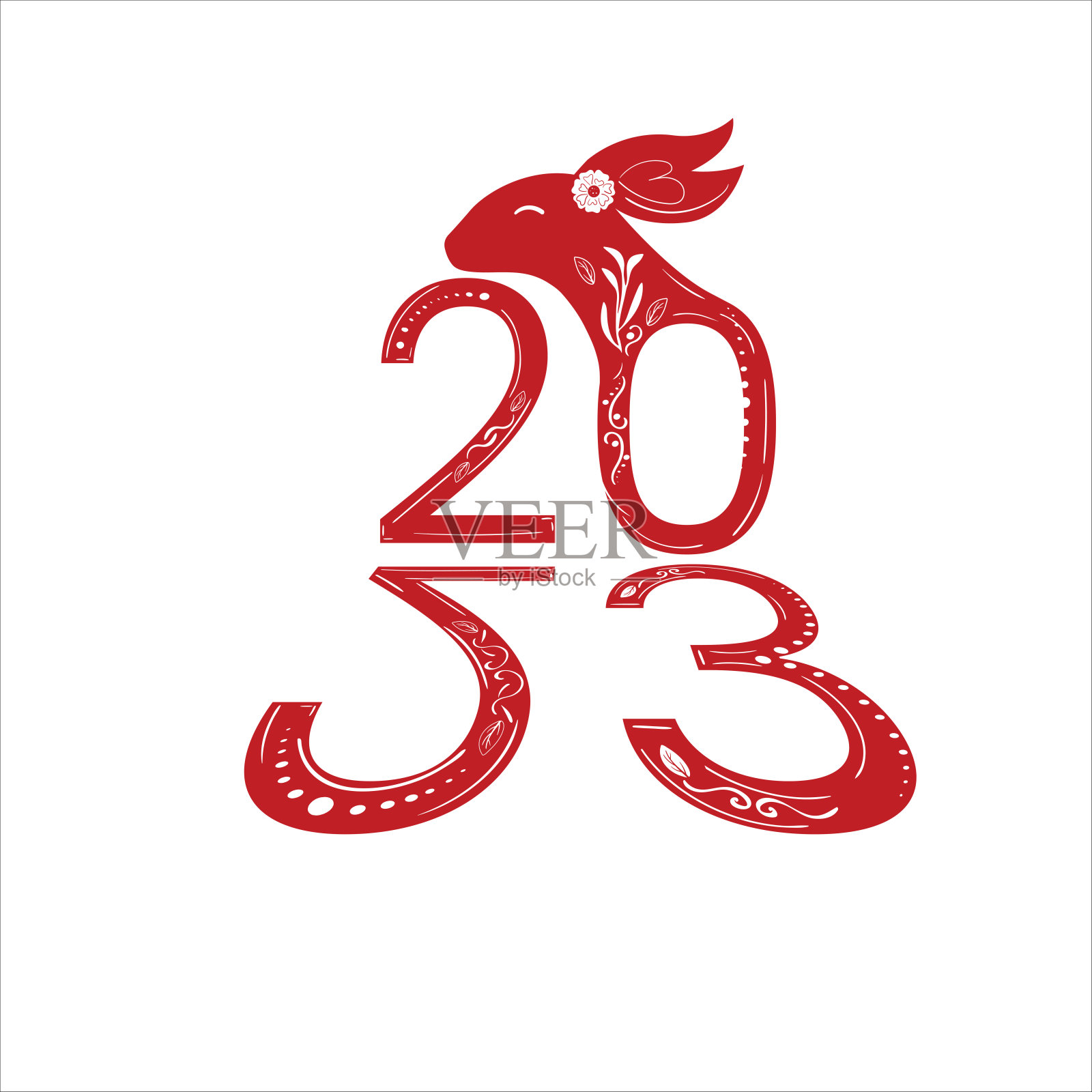 2023年新年兔子的数字与花卉装饰插画图片素材
