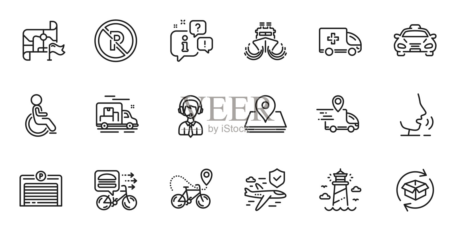 大纲集交付卡车，救护车紧急和灯塔线图标为web应用程序。为设计。向量图标素材