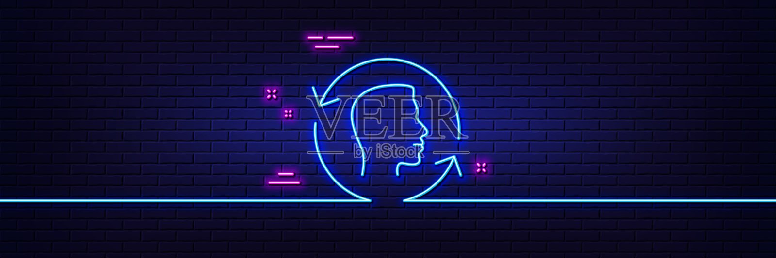 面部扫描重复行图标。面部id更新标志。霓虹灯发光效果。向量插画图片素材