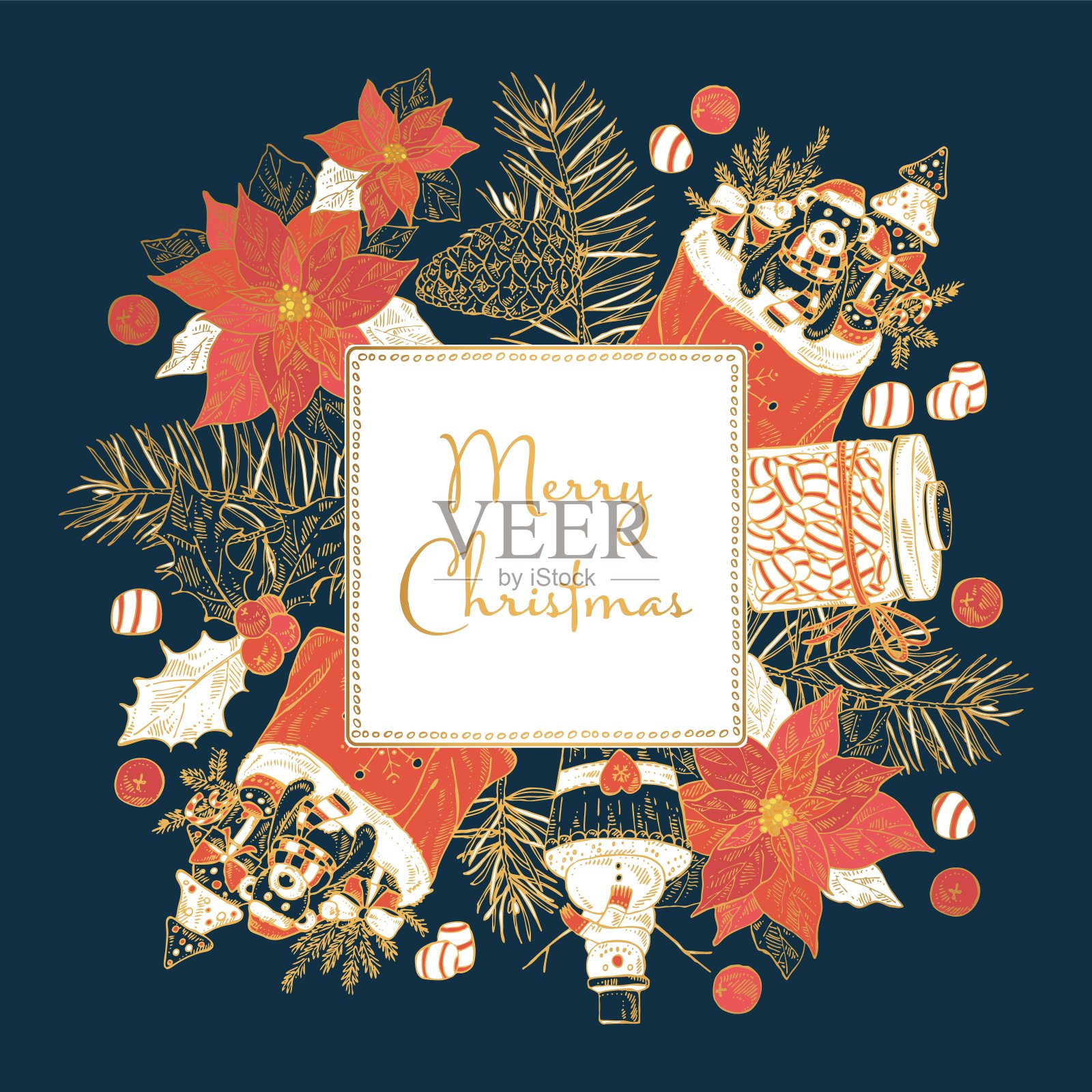 圣诞和新年的背景与圣诞植物和象征。设计模板素材