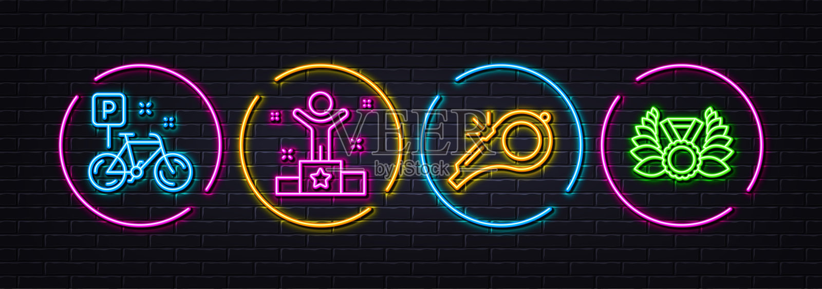 哨子，赢家和自行车最小的线图标。对于web应用，打印。霓虹灯激光3d灯。向量图标素材