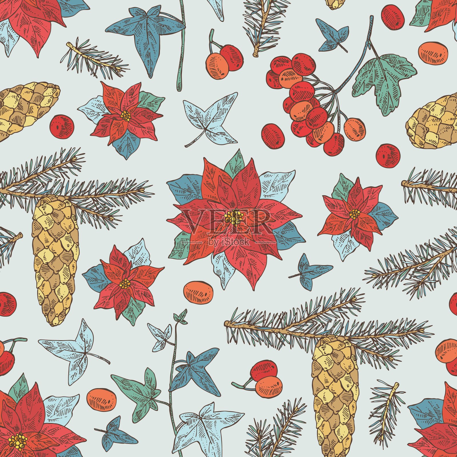 圣诞和新年无缝模式与圣诞植物。插画图片素材