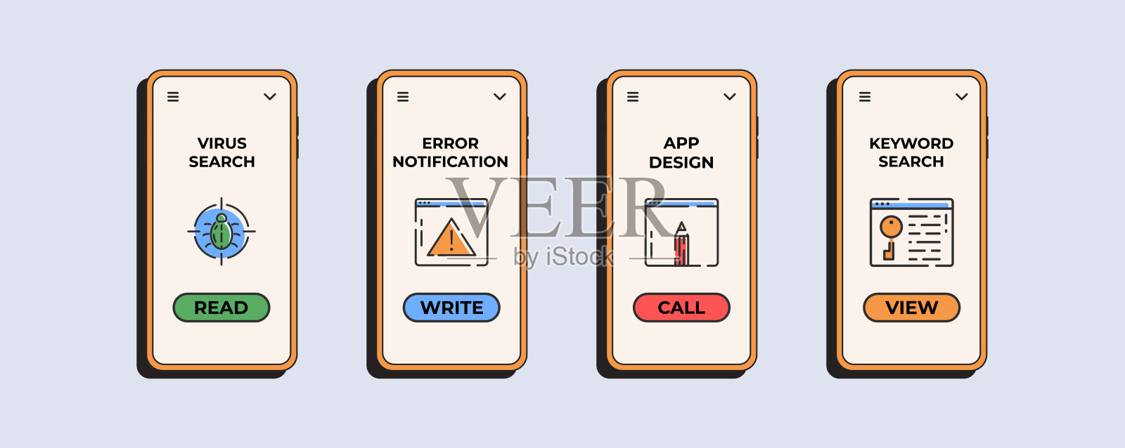 移动优化应用程序。新媒体例子在手机上的移动应用程序页面屏幕与概念。矢量插图概念插画图片素材