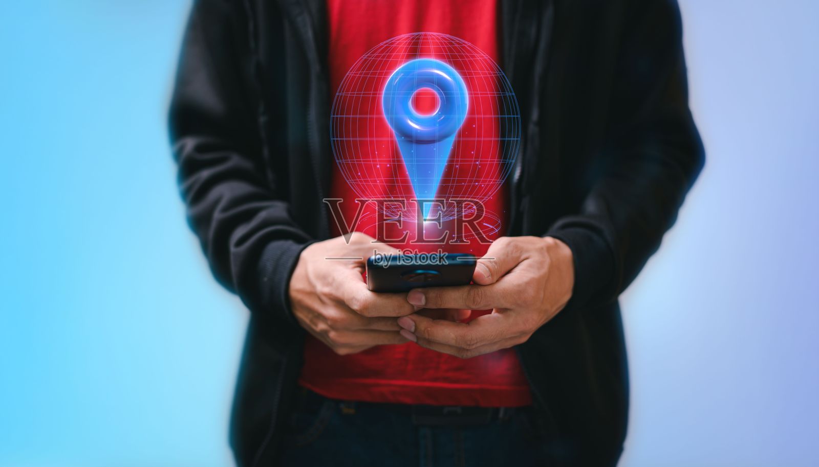 3D渲染的定位针图标漂浮在某人的智能手机上。照片摄影图片