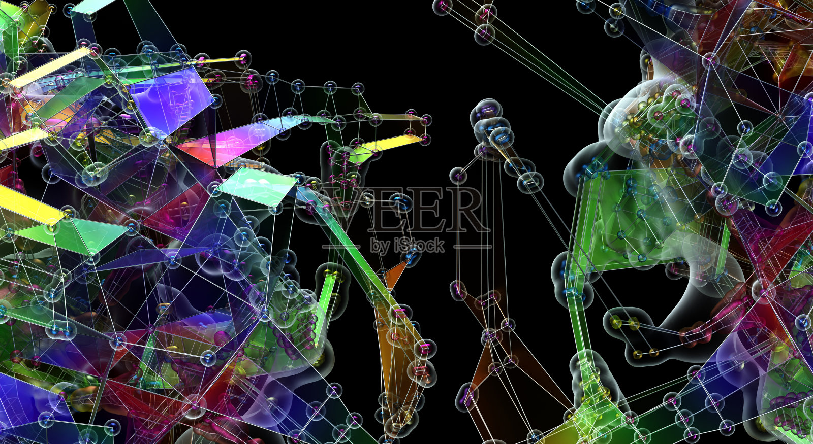抽象艺术3d渲染3d背景与部分超现实外星钻石水晶花钢丝网结构透明塑料材料彩虹梯度混合颜色在黑色照片摄影图片