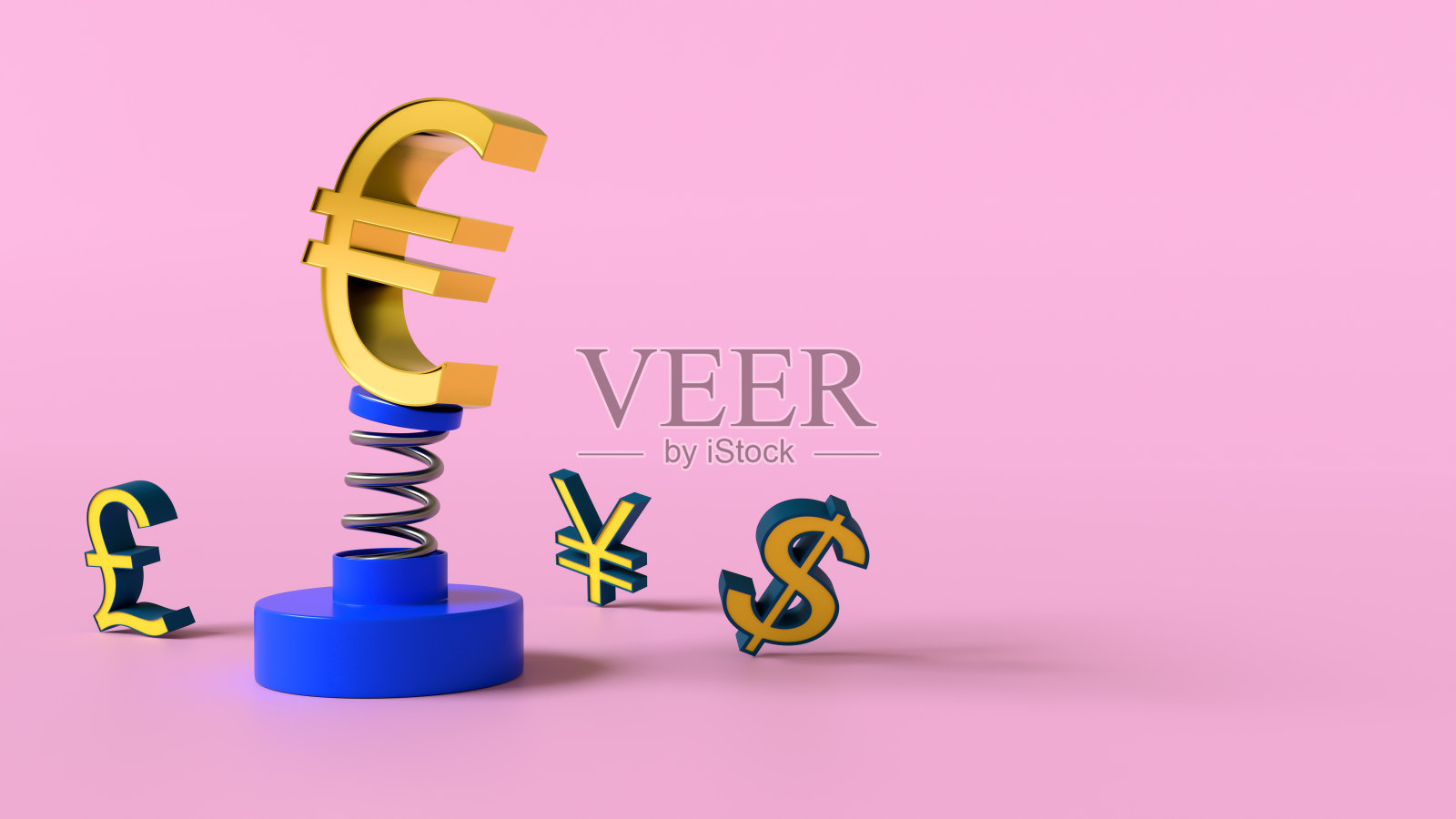 欧元符号在金属弹簧上摇摆，粉色背景上有一个蓝色塑料支架，周围是其他货币的符号。3 d渲染。金融的概念。放置文本或标志的地方照片摄影图片