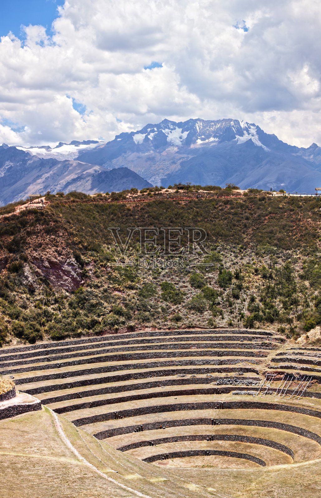 秘鲁库斯科附近的马里印加遗址的圆形露台的垂直拍摄，有山和云照片摄影图片