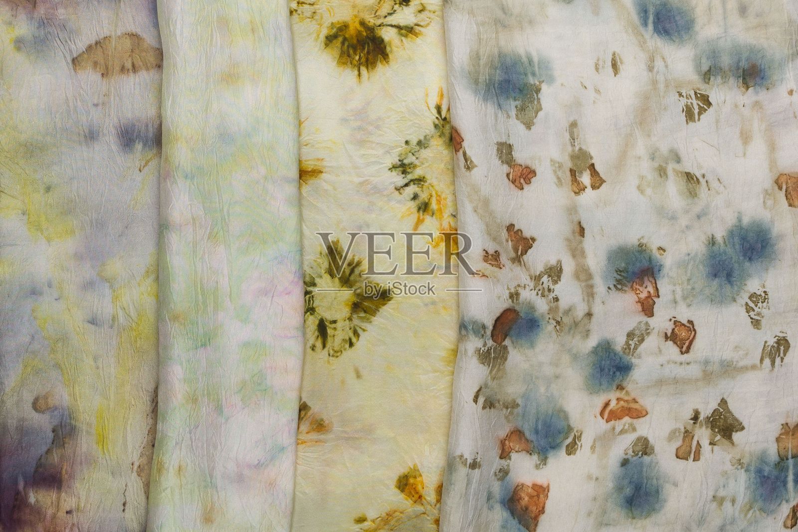 不同种类的自然染色有机围巾的特写照片摄影图片